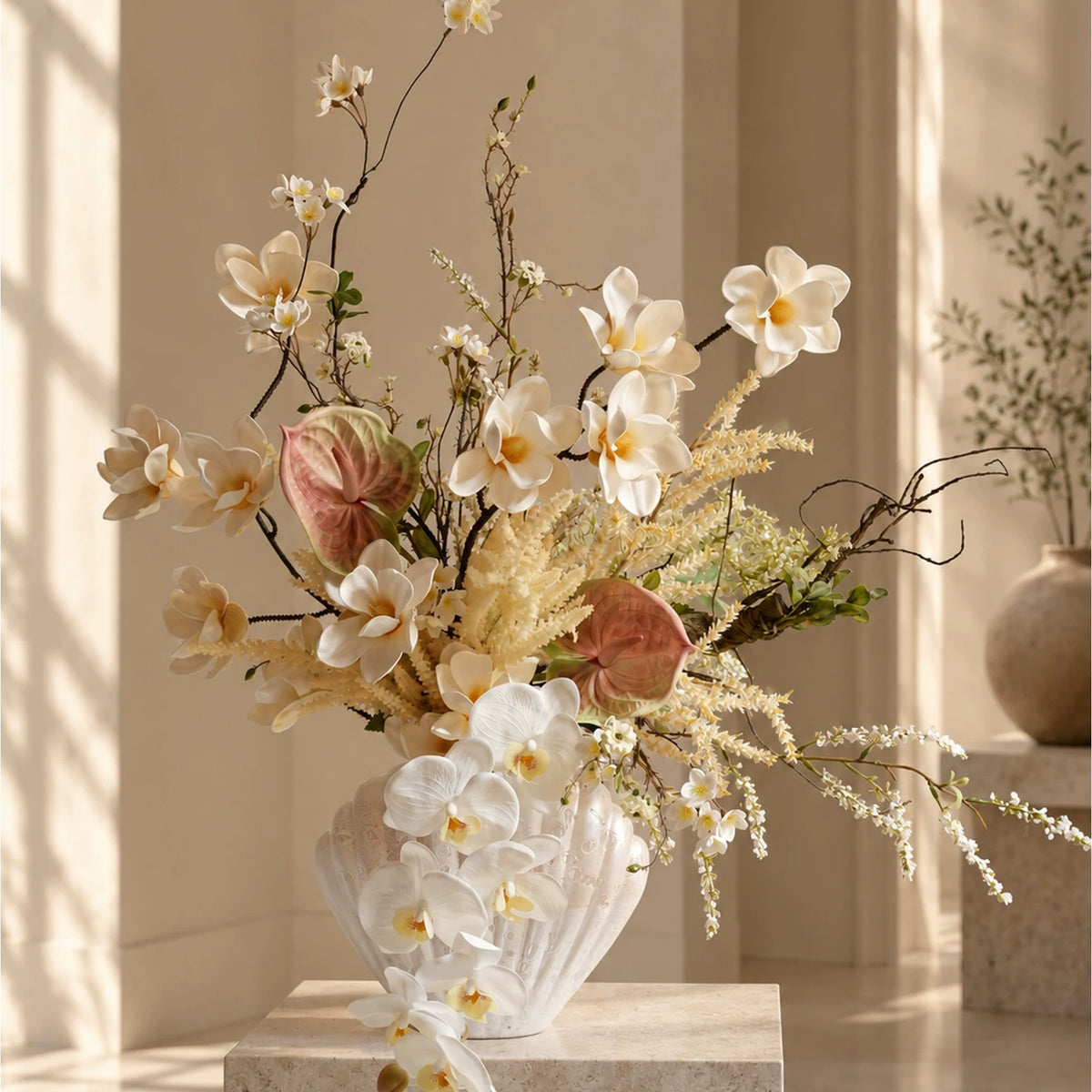 ValarFlower Warm Ivory Artificial Flower Arrangement, Elegant Orchid Anthurium Floral Decor for Wedding and Home VB-314
