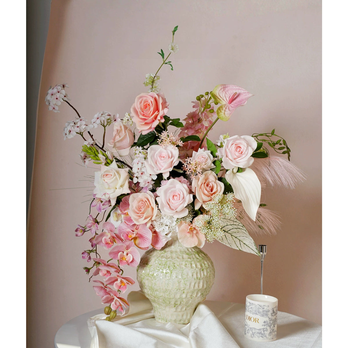 ValarFlower Soft Pink Artificial Flower Arrangement, Romantic Rose Orchid Floral Decor for Wedding and Home VB-289