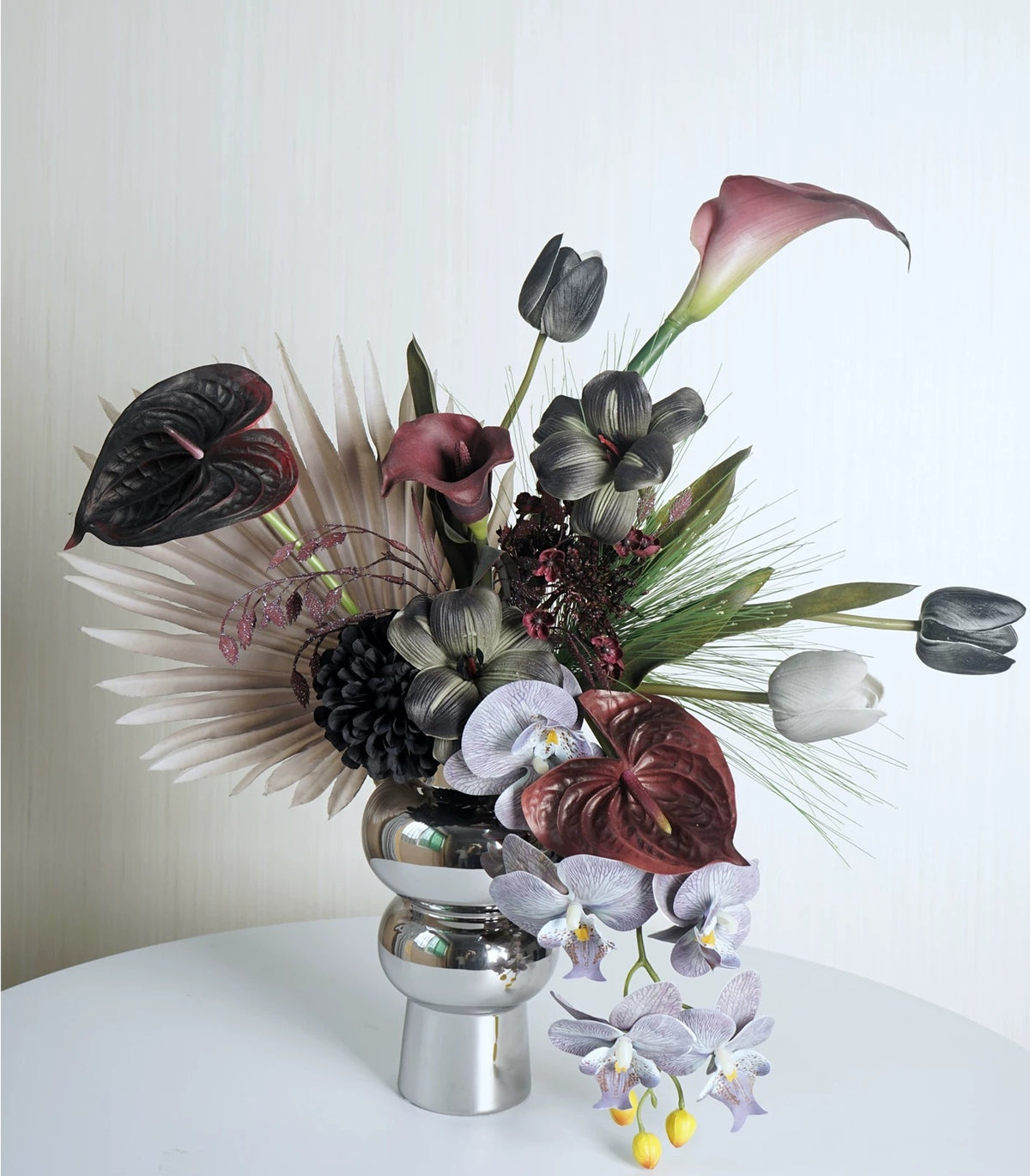 ValarFlower Moody Black Artificial Flower Arrangement, Dark Orchid Anthurium Floral Decor for Home and Event Styling VB-304