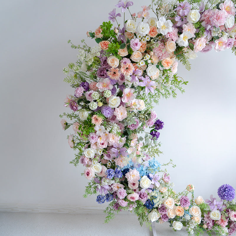 Whimsical Pastel Crescent Wedding Arch, Artificial Floral Backdrop, Romantic Ceremony Decor & Event Display VA-320