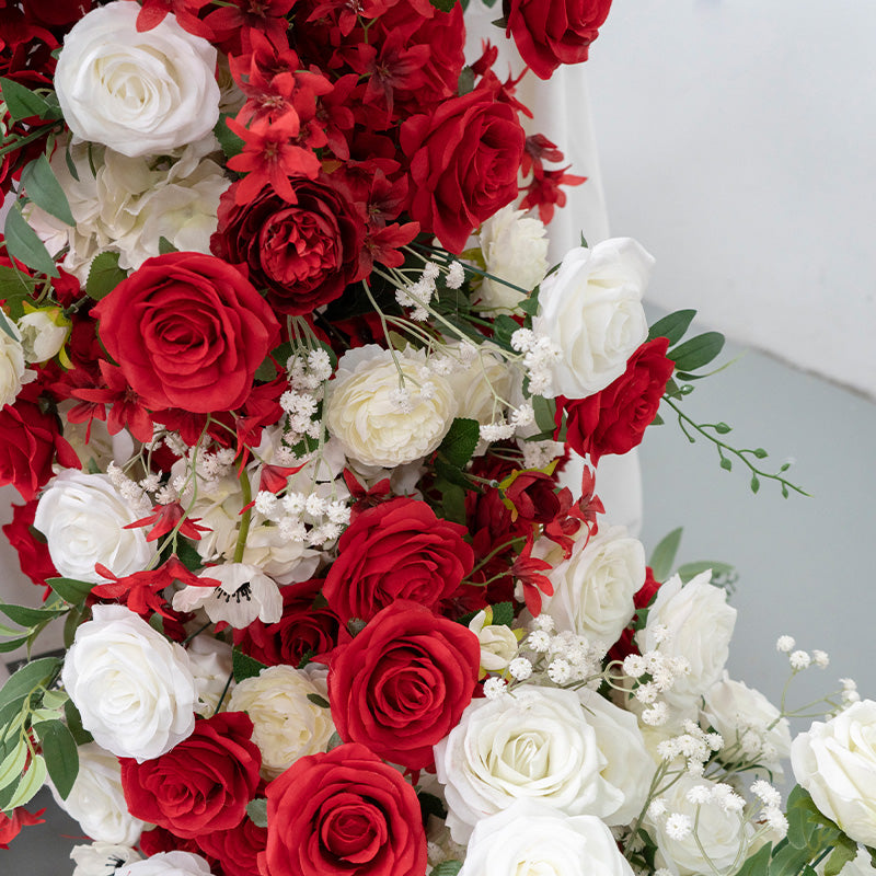 Elegant Red and White Floral Wedding Table Runner, Artificial Flower Arrangement, Reception Decor & Event Display FA-222