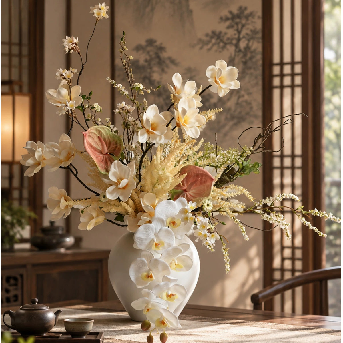 ValarFlower Warm Ivory Artificial Flower Arrangement, Elegant Orchid Anthurium Floral Decor for Wedding and Home VB-314