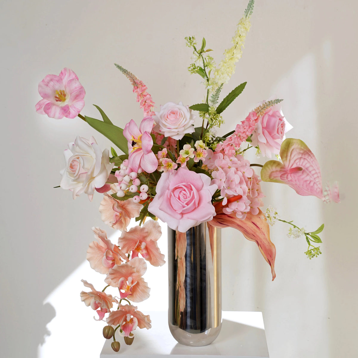 ValarFlower Soft Pink Artificial Flower Arrangement, Romantic Rose Orchid Floral Decor for Wedding and Home VB-302