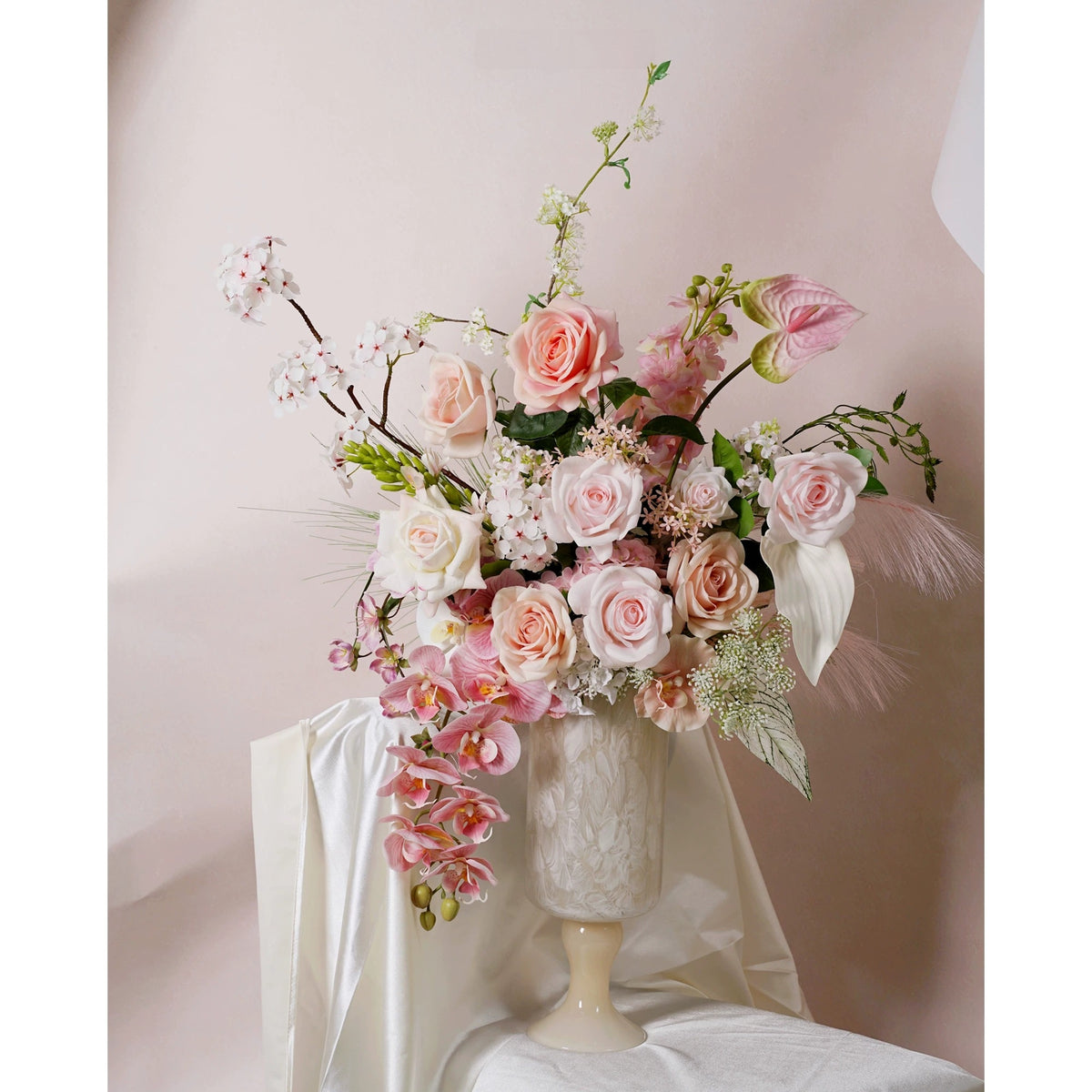 ValarFlower Soft Pink Artificial Flower Arrangement, Romantic Rose Orchid Floral Decor for Wedding and Home VB-289