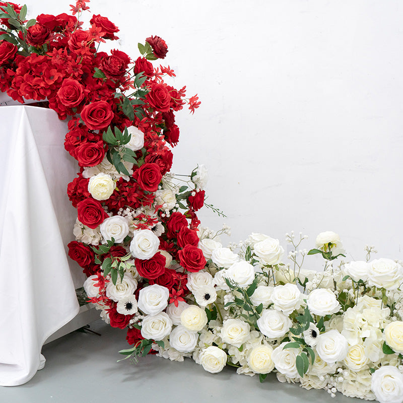 Elegant Red and White Floral Wedding Table Runner, Artificial Flower Arrangement, Reception Decor & Event Display FA-222