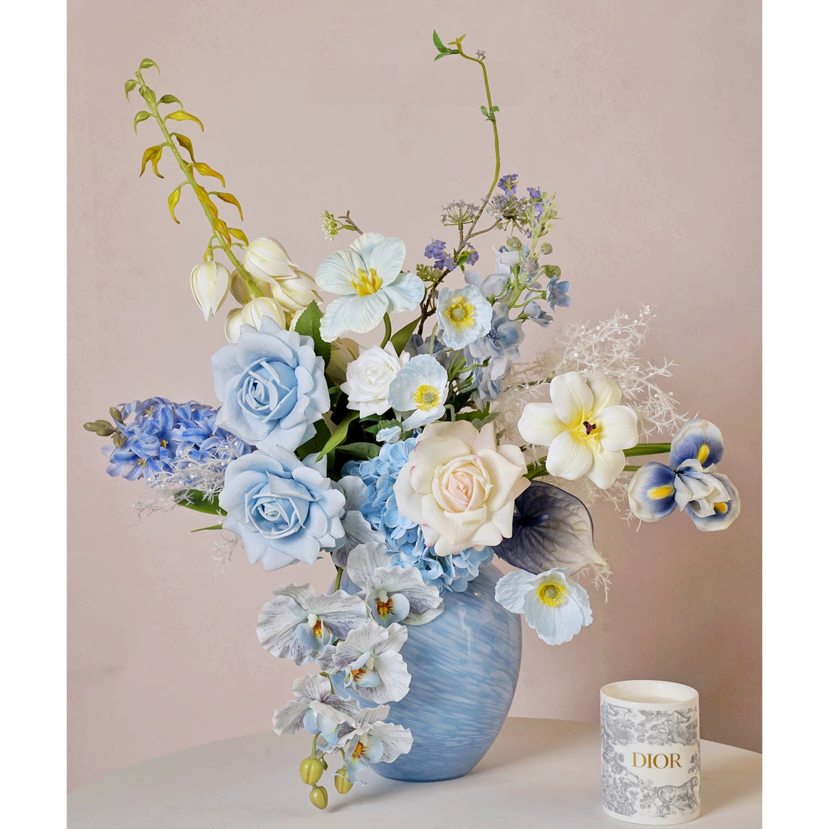 ValarFlower Dusty Blue Artificial Flower Arrangement, Elegant Orchid Rose Floral Decor for Wedding and Home VB-291