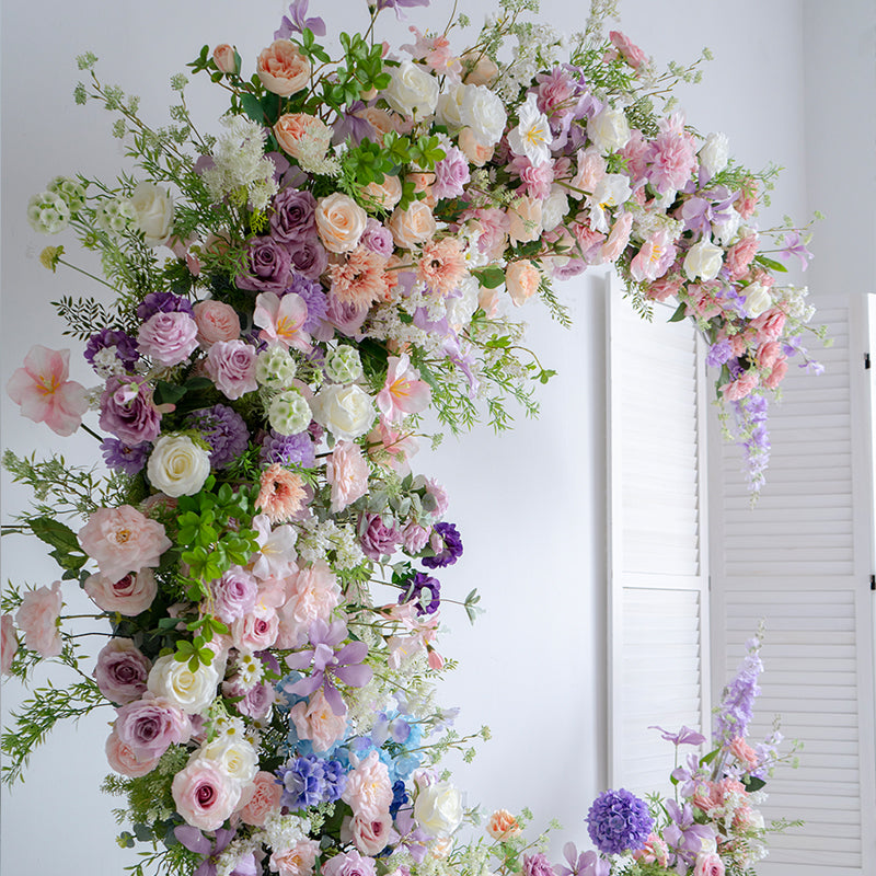 Whimsical Pastel Crescent Wedding Arch, Artificial Floral Backdrop, Romantic Ceremony Decor & Event Display VA-320