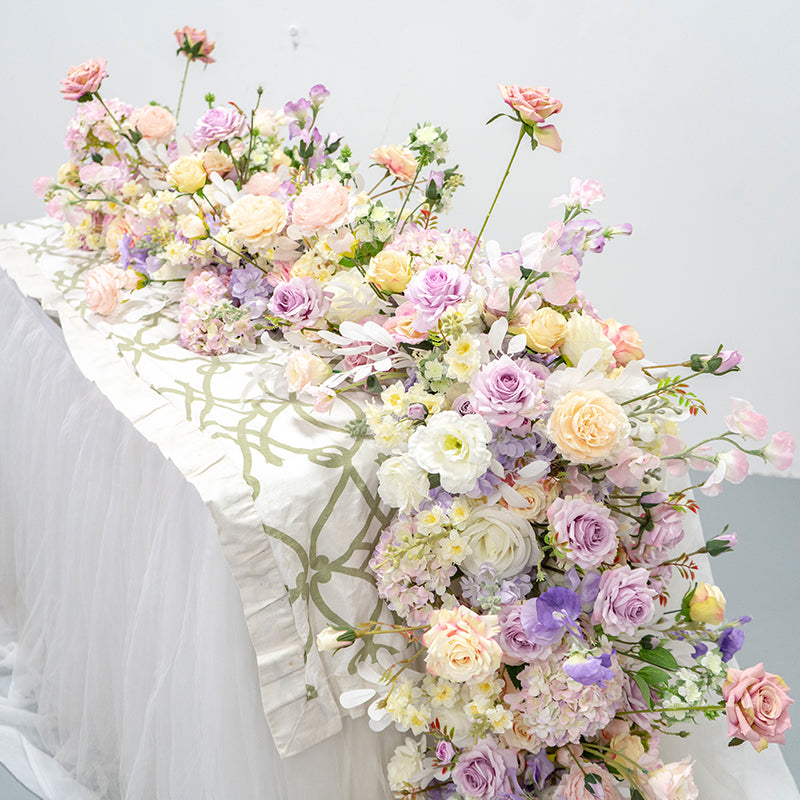 Pastel Floral Wedding Table Runner, Artificial Flower Arrangement, Elegant Reception Decor & Event Display FA-213