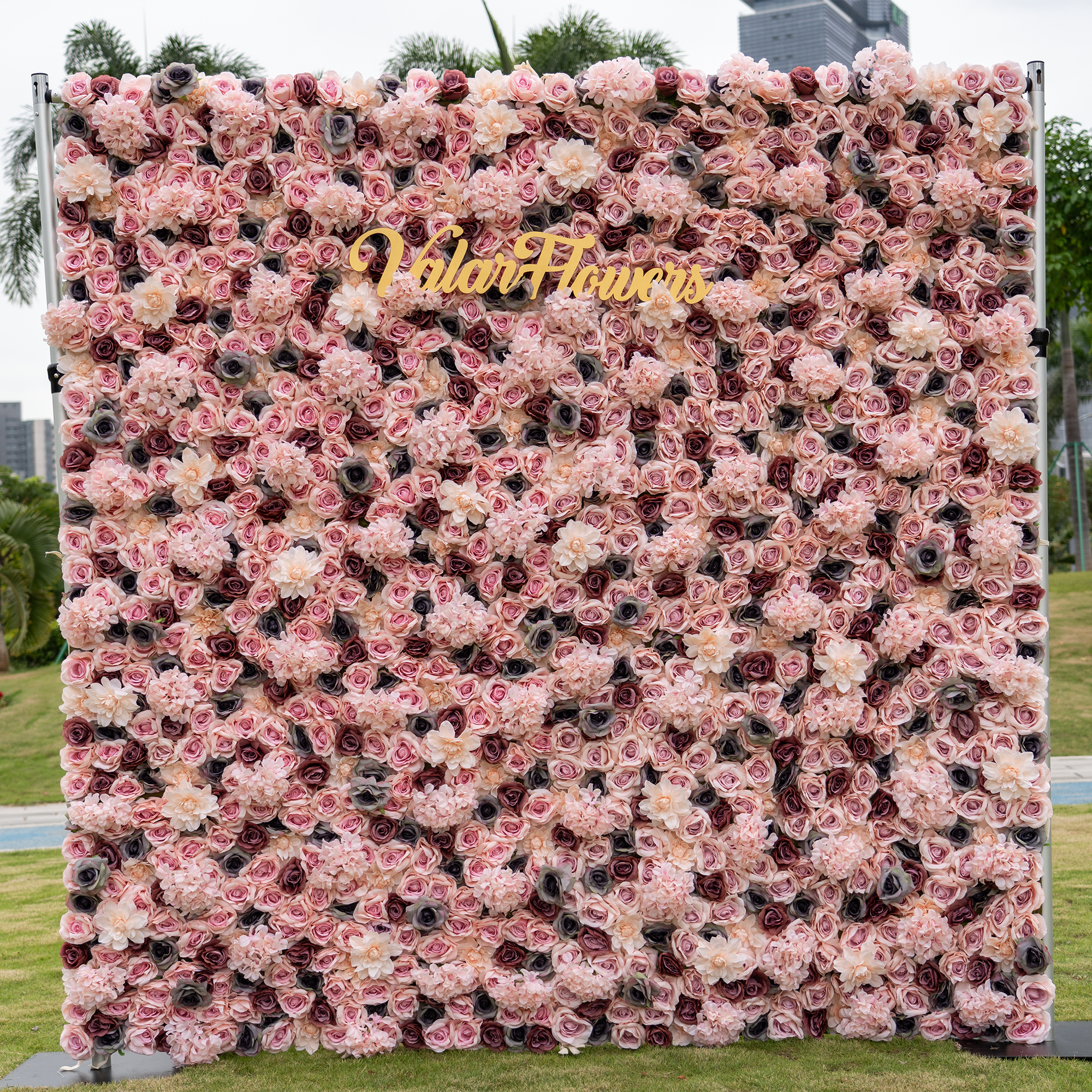 Valar Flowers Roll Up Fabric Artificial Mixed Brown and Pinkish Grey Flower Wall Wedding Backdrop, Floral Party Decor, Event Photography-VF-062