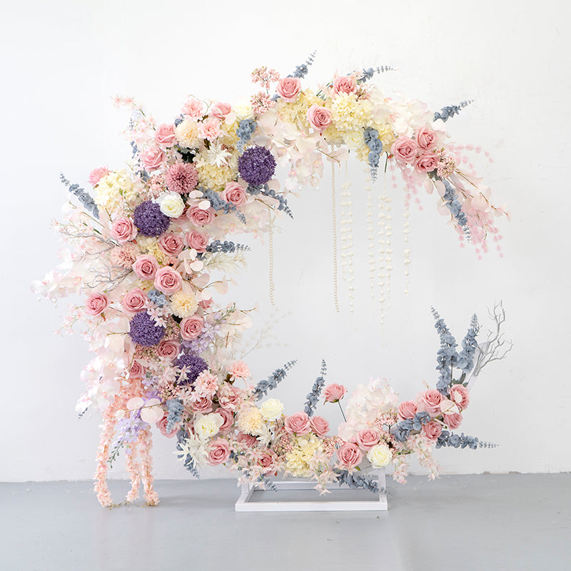 Dreamy Pastel Crescent Wedding Arch, Artificial Floral Backdrop, Elegant Ceremony Decor & Event Display VA-321