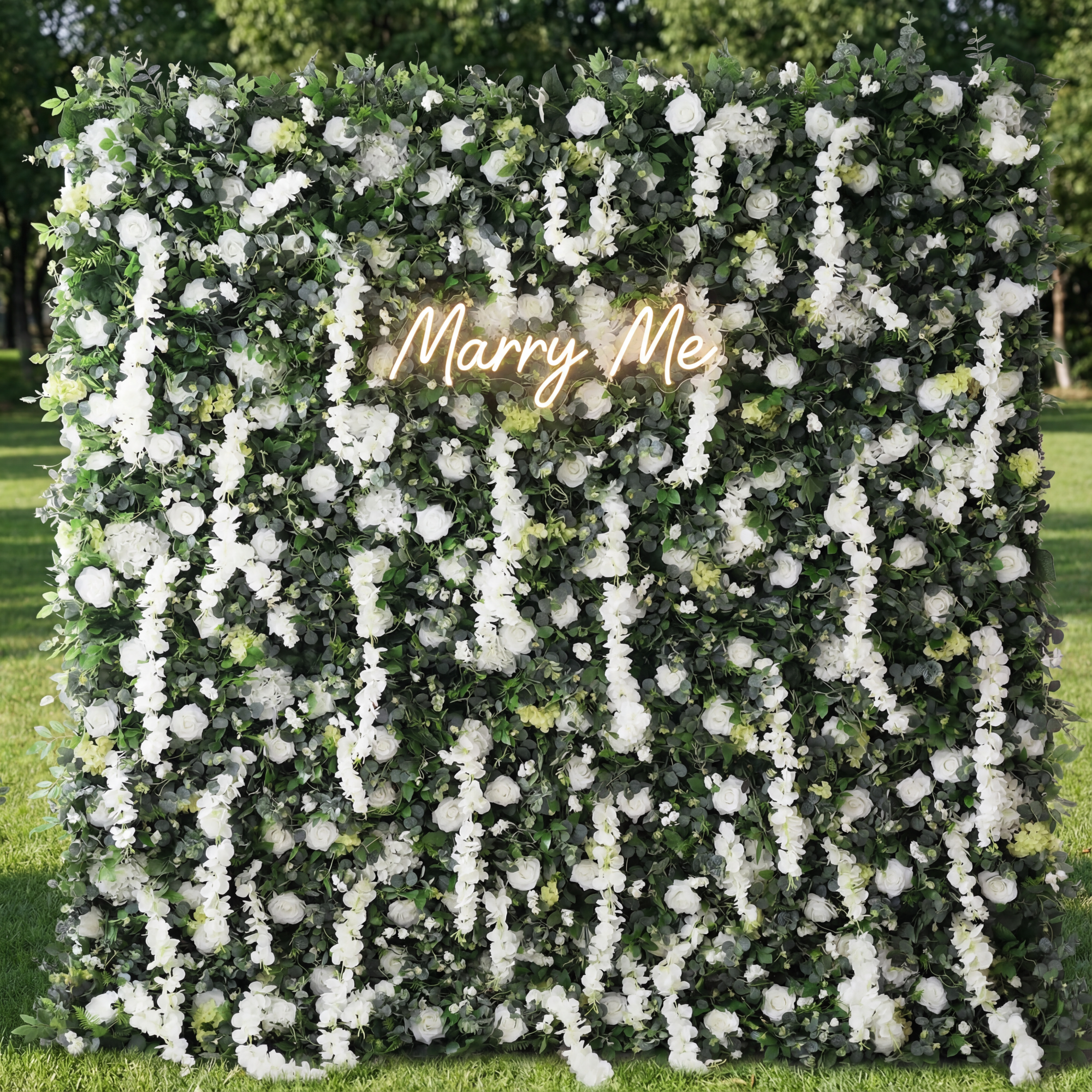 Valar Flowers Roll Up Fabric Artificial White Flower and Vivid Green Leaves Floral Wall Wedding Backdrop, Floral Party Decor, Event Photography-VF-071
