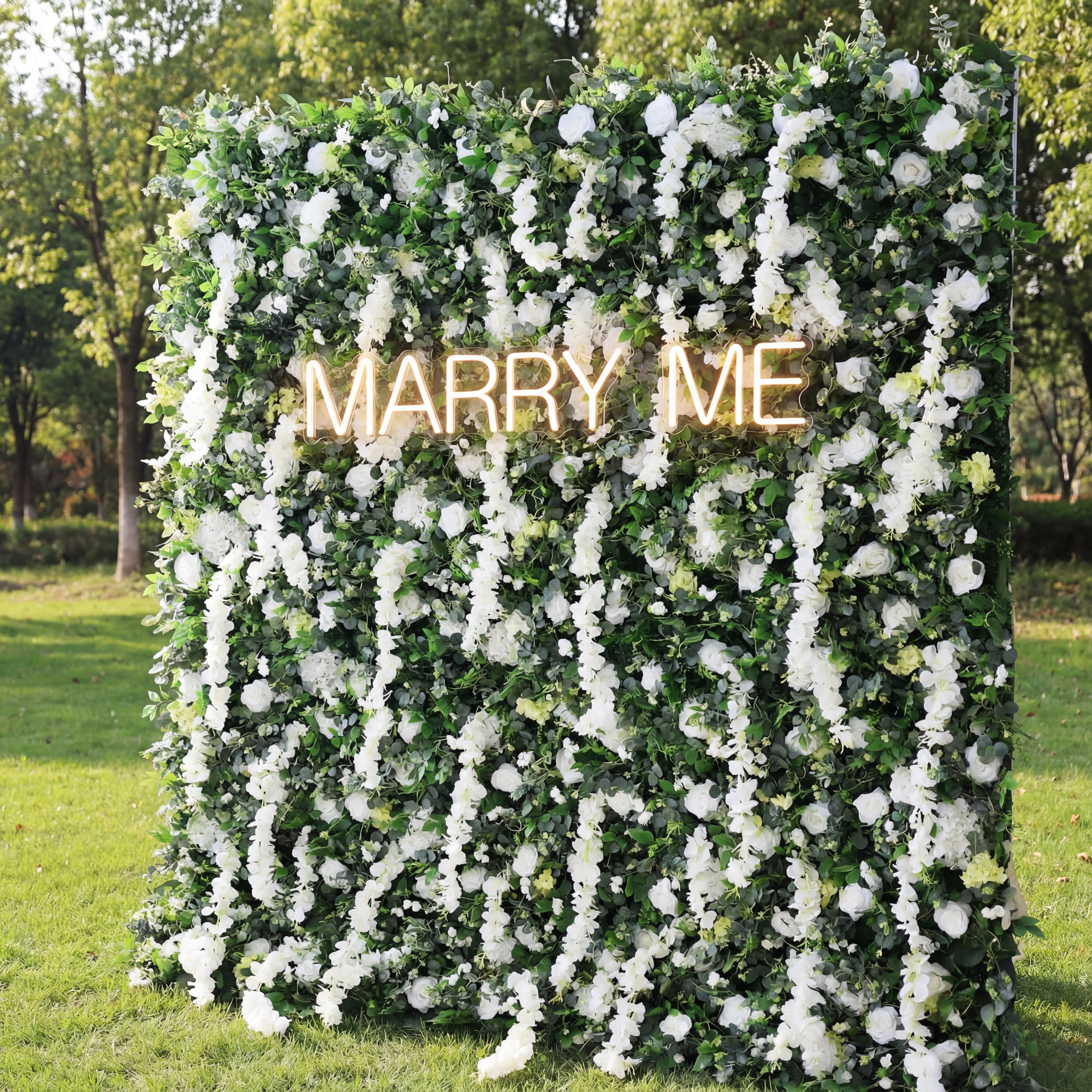 Valar Flowers Roll Up Fabric Artificial White Flower and Vivid Green Leaves Floral Wall Wedding Backdrop, Floral Party Decor, Event Photography-VF-071