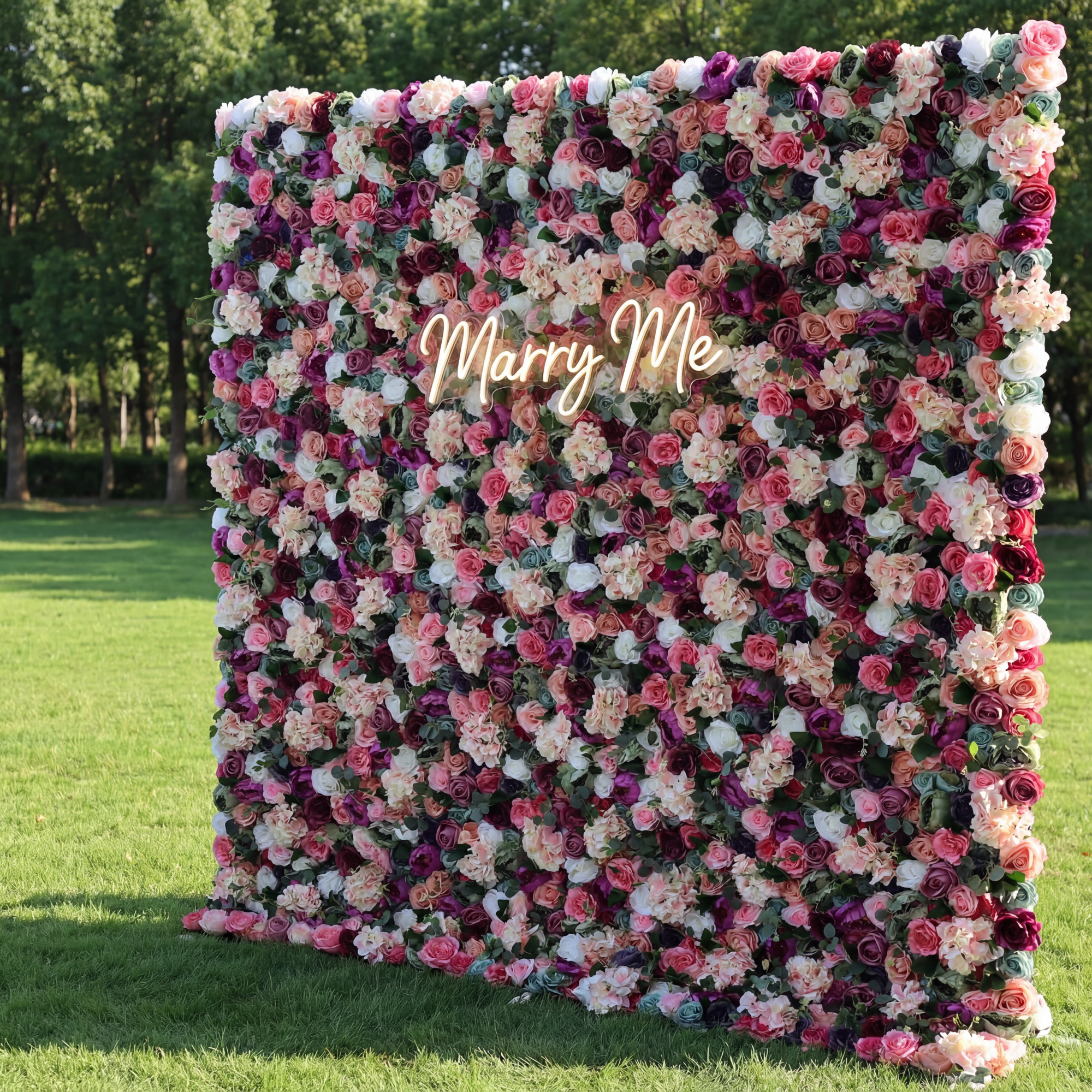 Valar Flowers Roll Up Fabric Artificial Mixed Eggplant Purple, White, Racing Green and Cranberry Pink Floral Wall Wedding Backdrop, Floral Party Decor, Event Photography-VF-080