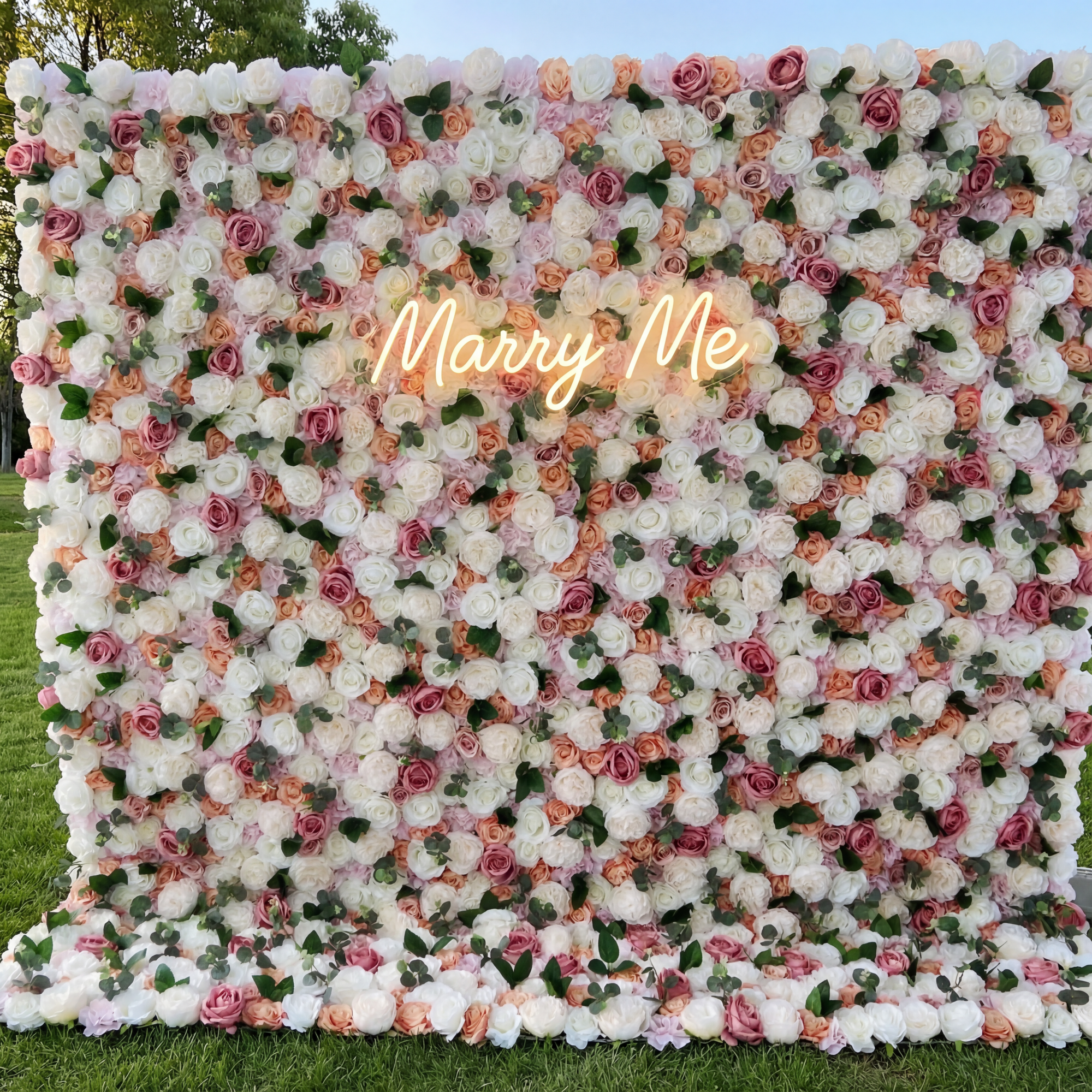 White & Pink Rose Wall Backdrop with Green Leaves for Weddings, Artificial Floral Decor VF-089