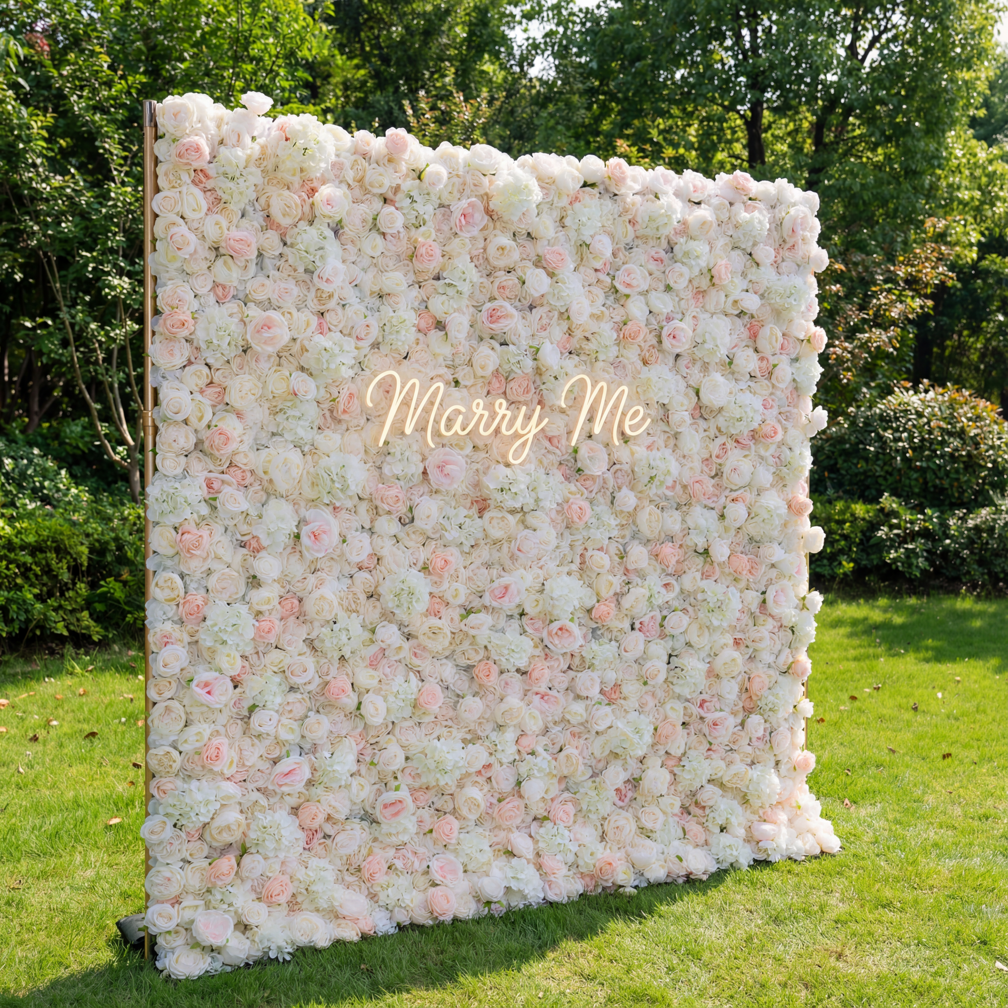 Valar Flower Roll Up Fabric Artificial Mixed White and Light Pink Rose Color Green Leaves Wall Wedding Backdrop, Floral Party Decor, Event Photography, Spa Decor-VF-090-2