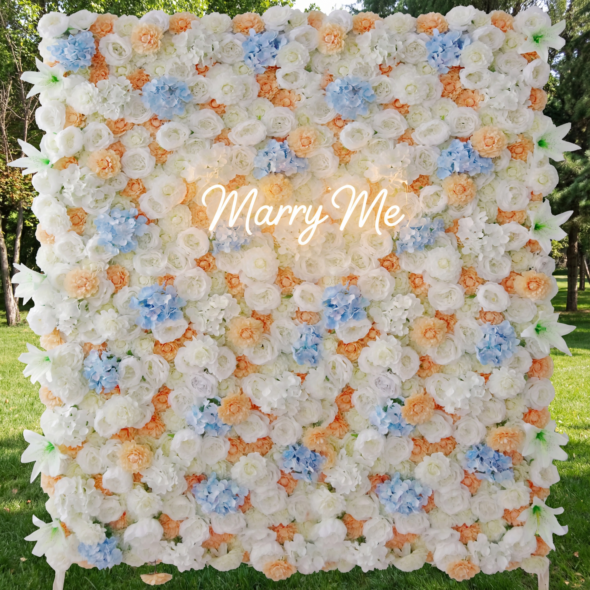 Valar Flowers Roll Up Fabric Artificial Orange Mixed White and Baby Blue Floral Wall Wedding Backdrop, Floral Party Decor, Event Photography-VF-096