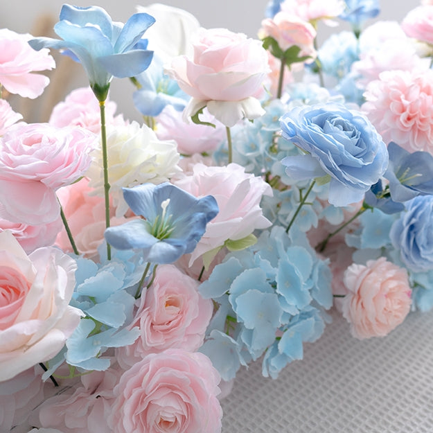 Pastel Pink and Blue Floral Wedding Table Runner, Artificial Flower Arrangement, Reception Decor & Event Display FA-223