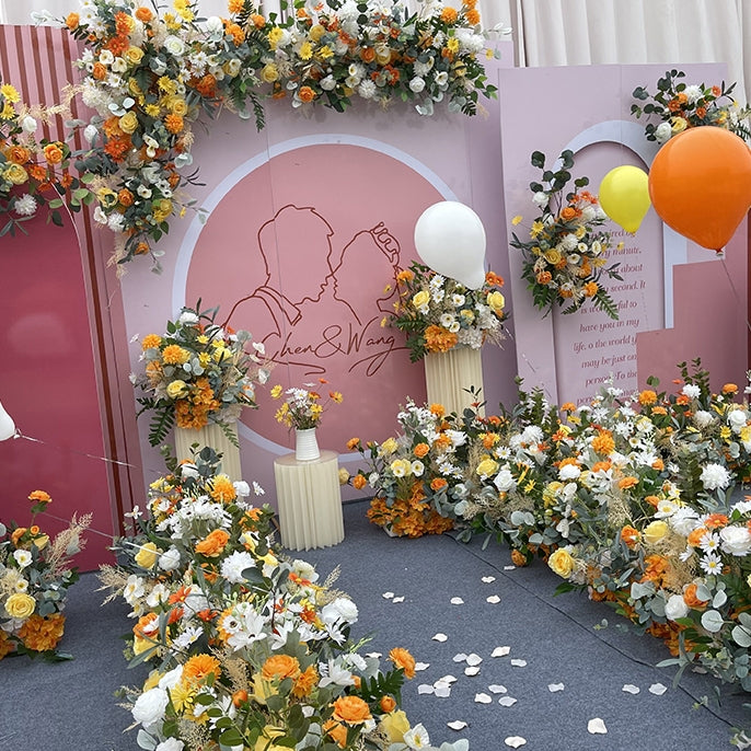 Valar Flower Fresh Yellow-Orange Faux Floral Aisle Runner — Eucalyptus Wedding Runway Decoration WF-122