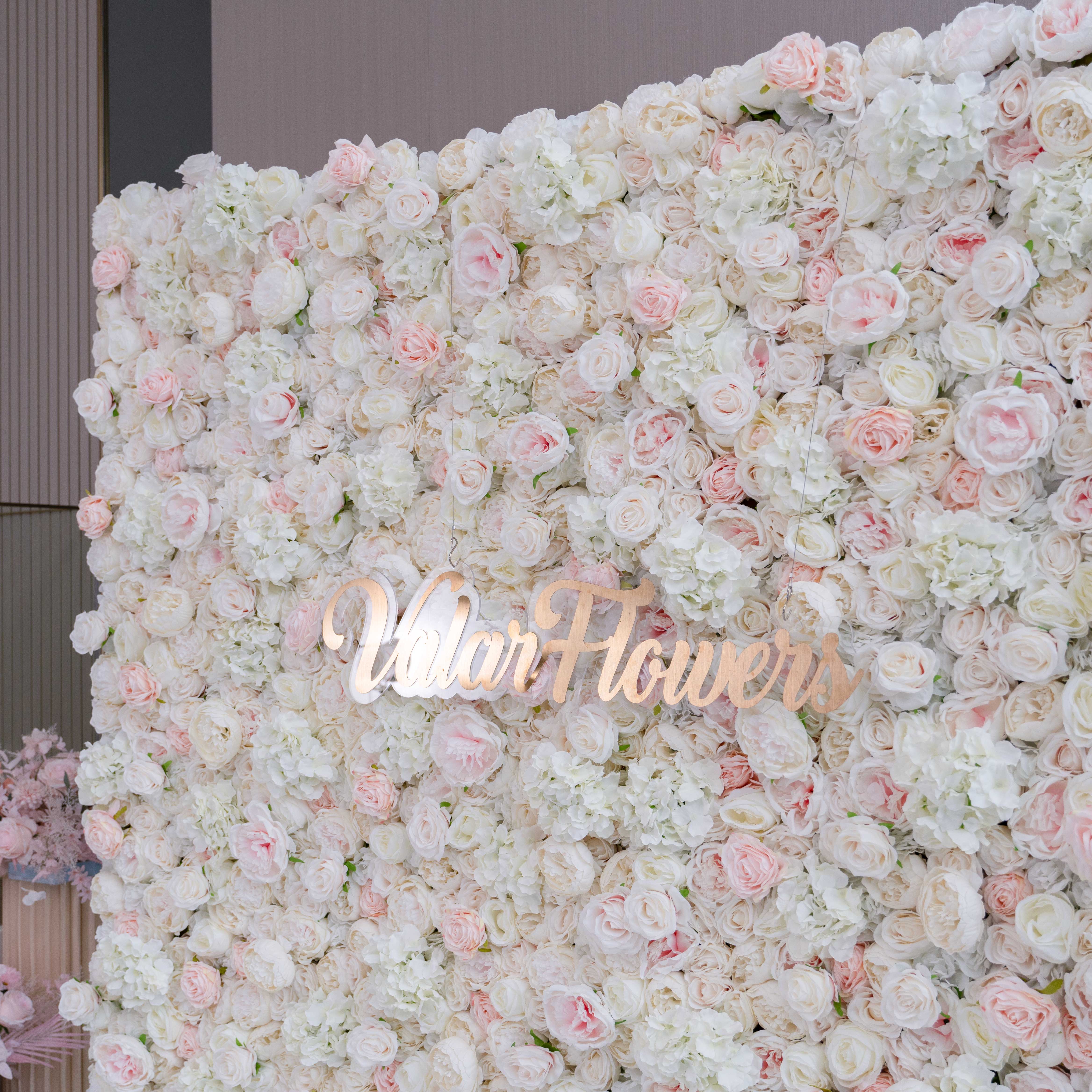 Valar Flower Roll Up Fabric Artificial Mixed White and Light Pink Rose Color Green Leaves Wall Wedding Backdrop, Floral Party Decor, Event Photography, Spa Decor-VF-090-2