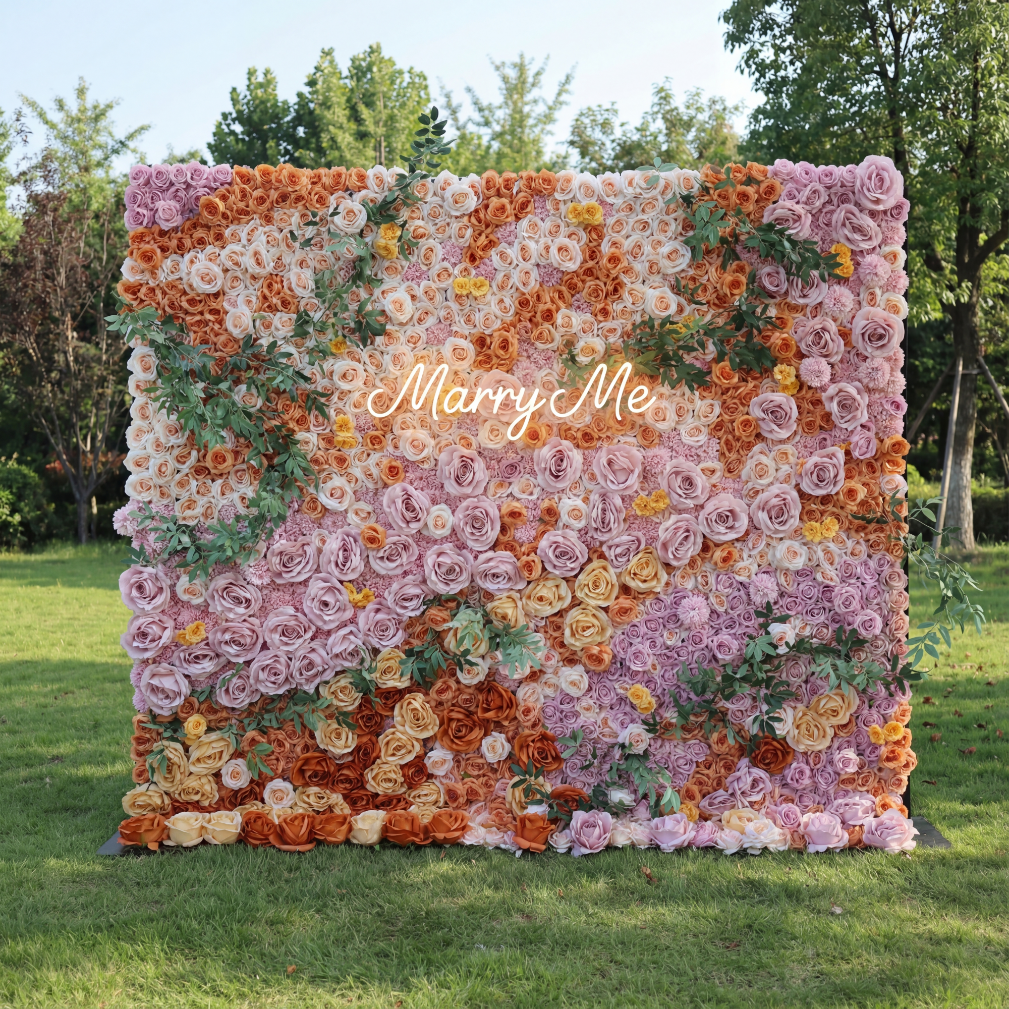 Valar Flower Roll Up Fabric Blush Pink, Coral Orange, Cream & Soft Yellow Rose with Green Eucalyptus Leaves Flower Wall: Nature's Palette in Elegant Display for Any Event VF-139-2