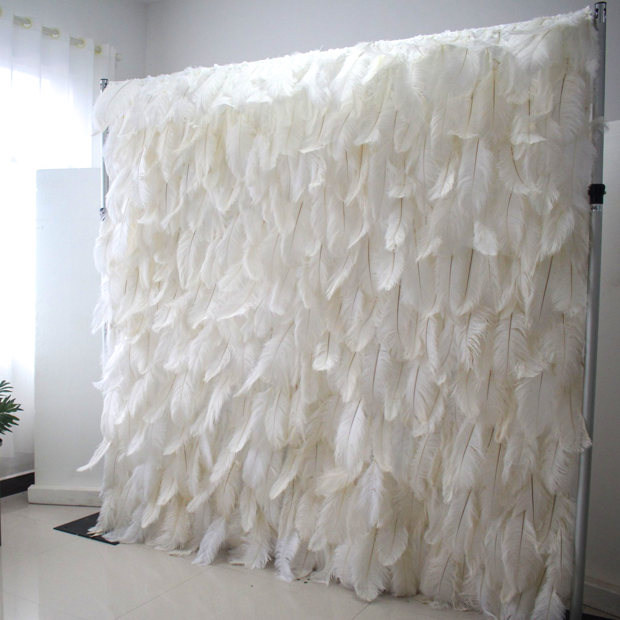 Elegant White Ostrich Feather Wall Backdrop - Roll-Up Fabric Wall - Bridal Party Decor - Wedding Venues Celebration Floral Wall-VF-164