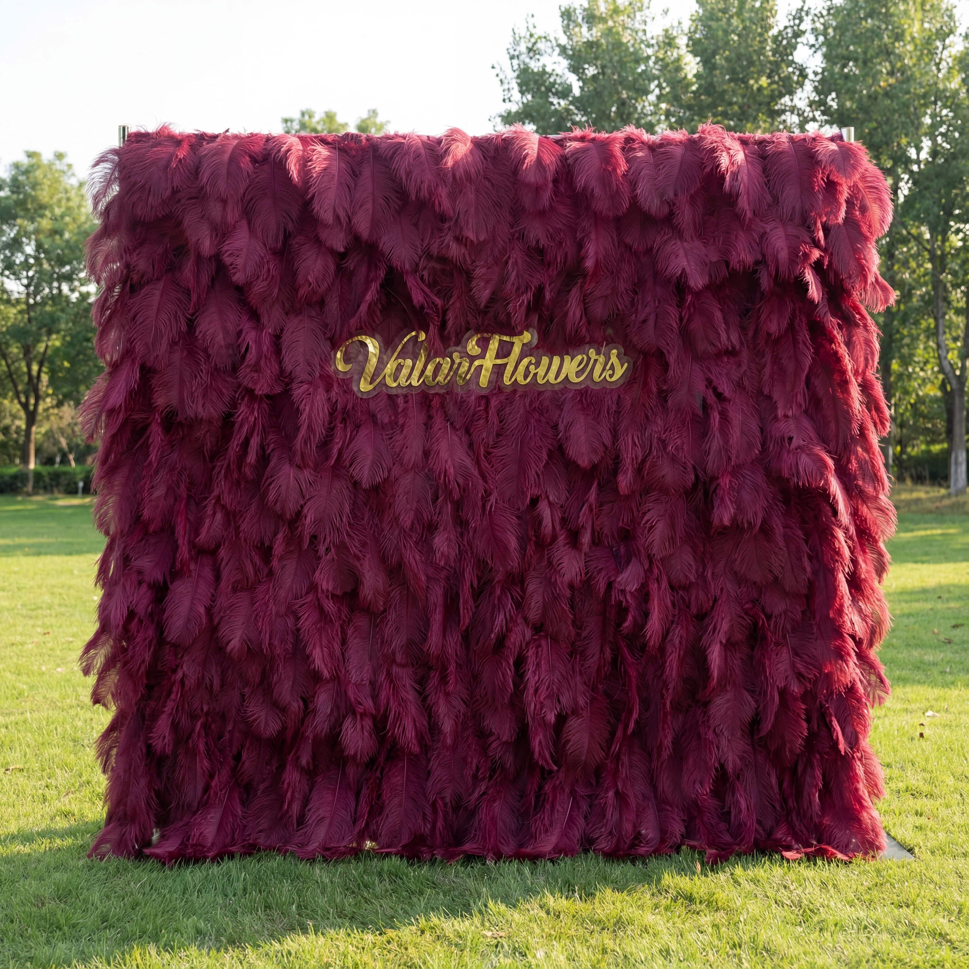 Burgundy Red Ostrich Feather Wall Backdrop - Roll-Up Fabric Wall - Bridal Party Decor - Wedding Venues Celebration Floral Wall-VF-964-5