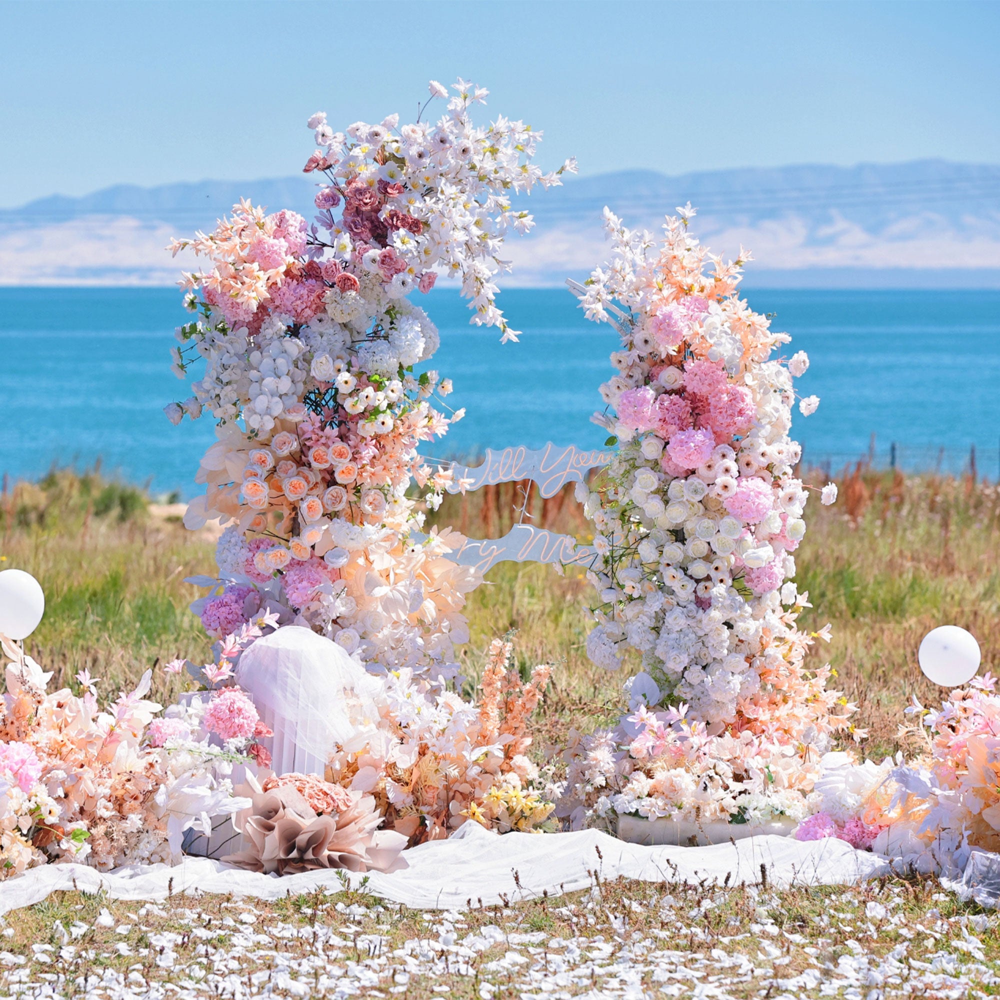 Valar Flower Wedding Moon Shaped Floral Arch 6*7ft - Stunning Pink Color Artificial Flower Arrangement Backdrop VA-106