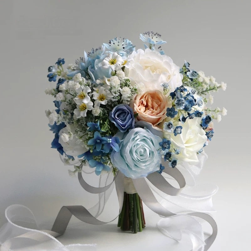 ValarFlower Artificial Bridal Bouquet, Elegant Silk Flower Wedding Bouquet with Ribbon, Romantic Handheld Floral Arrangement VB-323