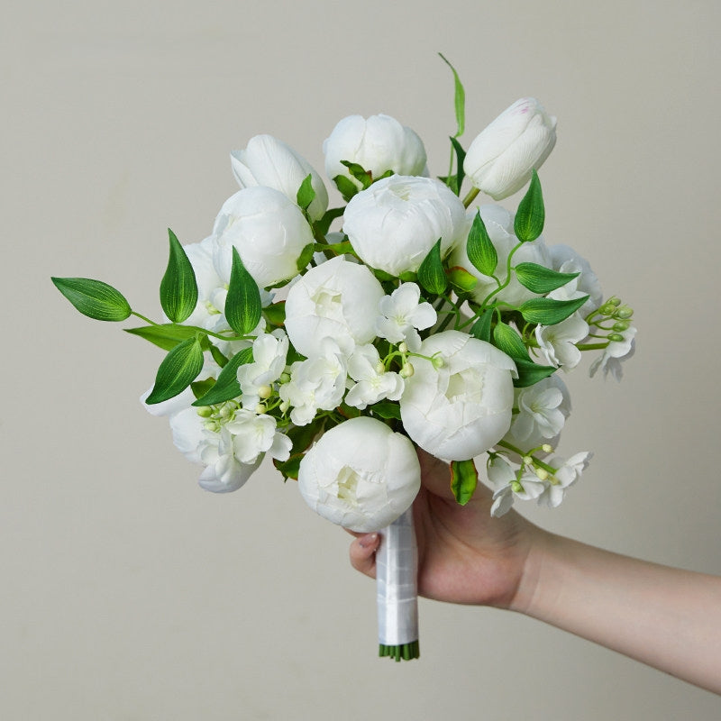 ValarFlower Artificial White Peony Bridal Bouquet, Elegant Faux Wedding Bouquet with Greenery for Bride, Bridesmaid & Ceremony Decor VB-260