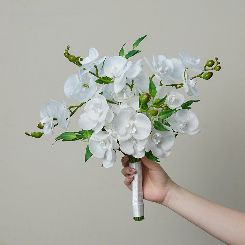 ValarFlower Artificial White Orchid Bridal Bouquet, Elegant Faux Wedding Bouquet with Greenery for Bride, Bridesmaid & Ceremony Photoshoot VB-261