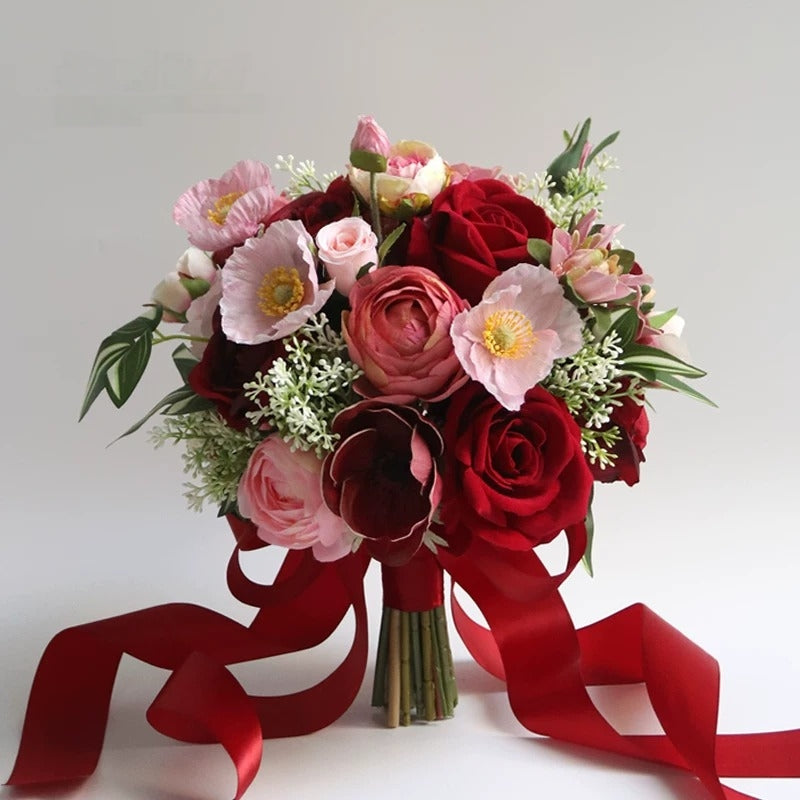 ValarFlower Artificial Bridal Bouquet, Romantic Rose Wedding Bouquet with Ribbon, Vintage Floral Arrangement for Bride Ceremony VB-322