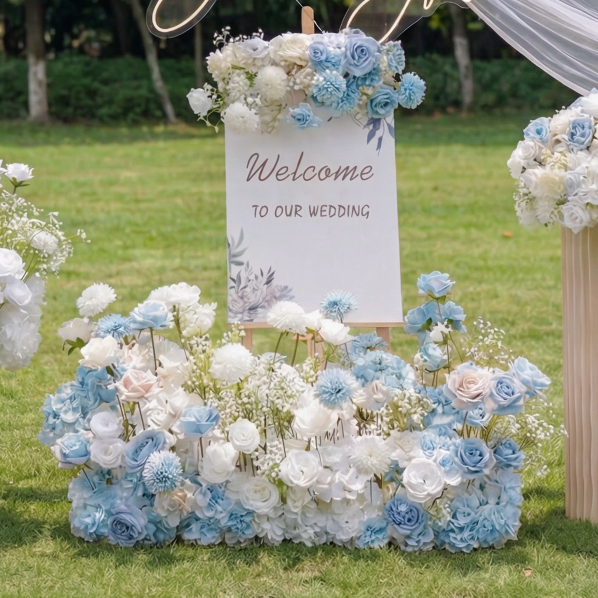 럭셔리 웨딩 꽃 장식 세트 – 인공 꽃 배경, 웰컴 사인 꽃 및 테이블 장식을 위한 우아한 웨딩 장식 VF-418-3