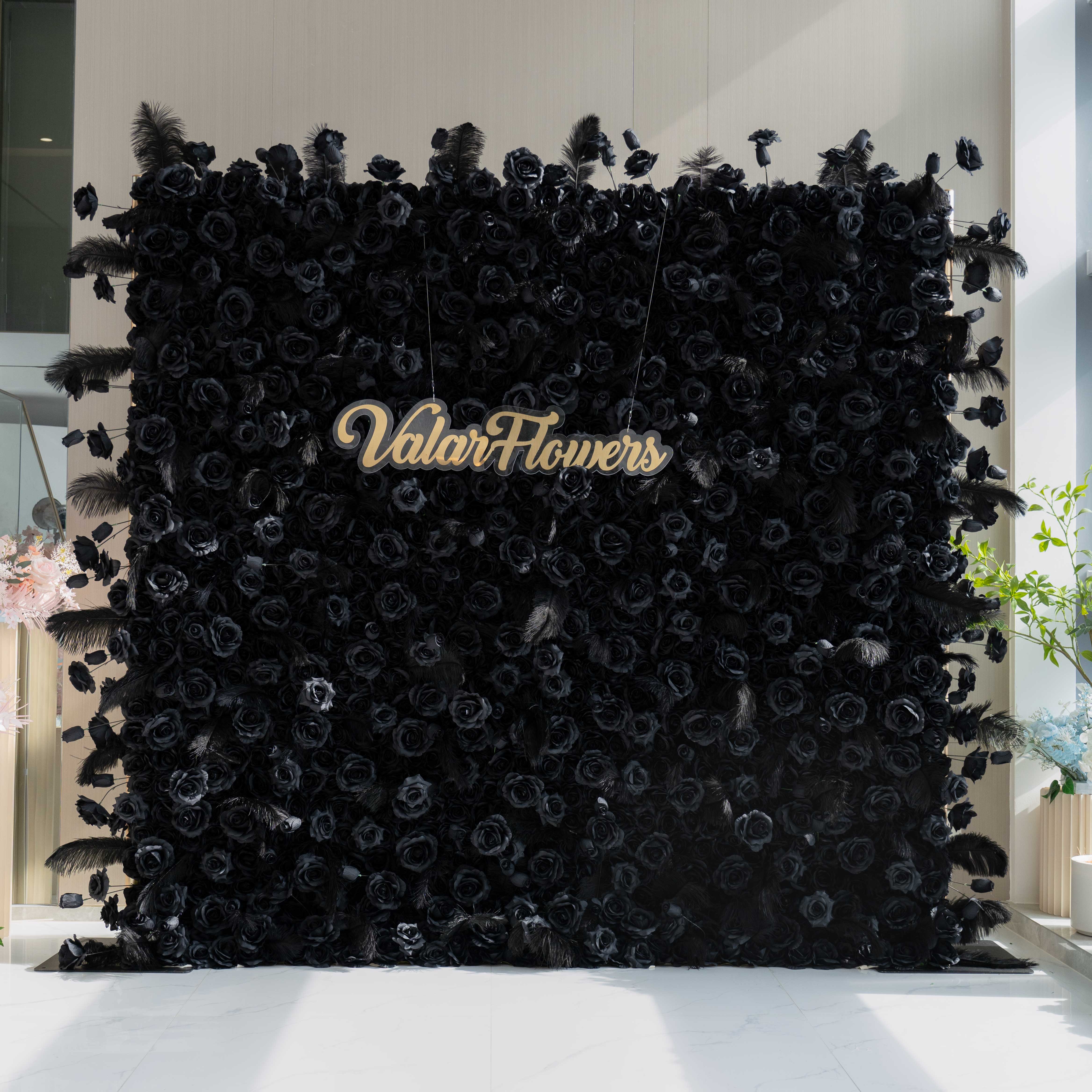 ValarFlower Artificial Floral Wall Backdrop: Black Color Rose & Feather - The Midnight Enigma Collection-VF-264