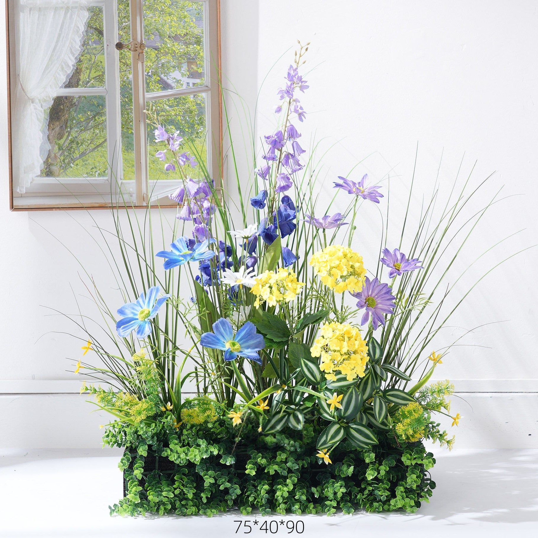 Configuración de flores artificiales inspiradas en la primavera – Conjunto de flores artificiales azules y amarillas para eventos FA-264
