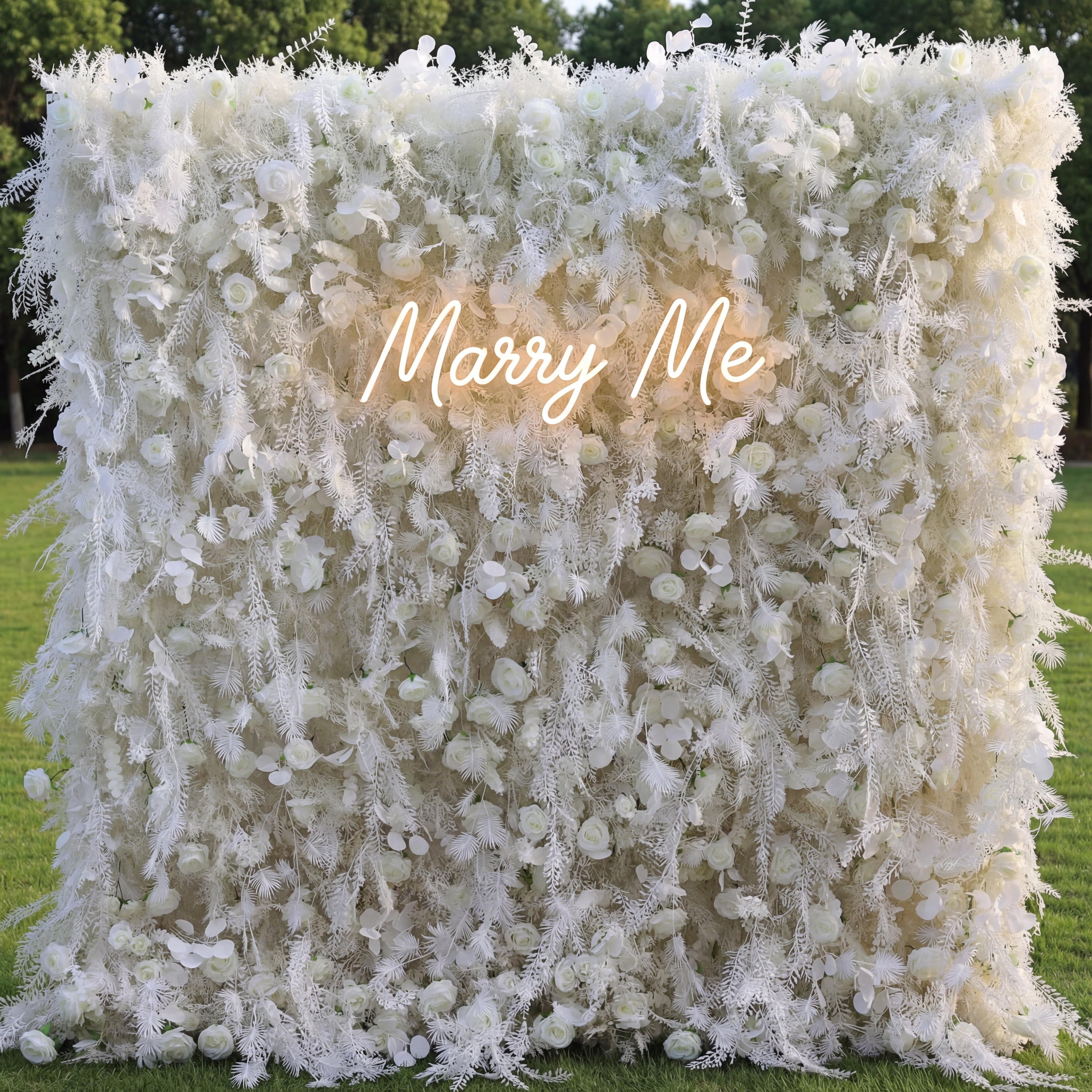 Ethereal White Floral Wall with Feathered Fern Accents: An Oasis of Serenity for Premium Events-VF-202-2