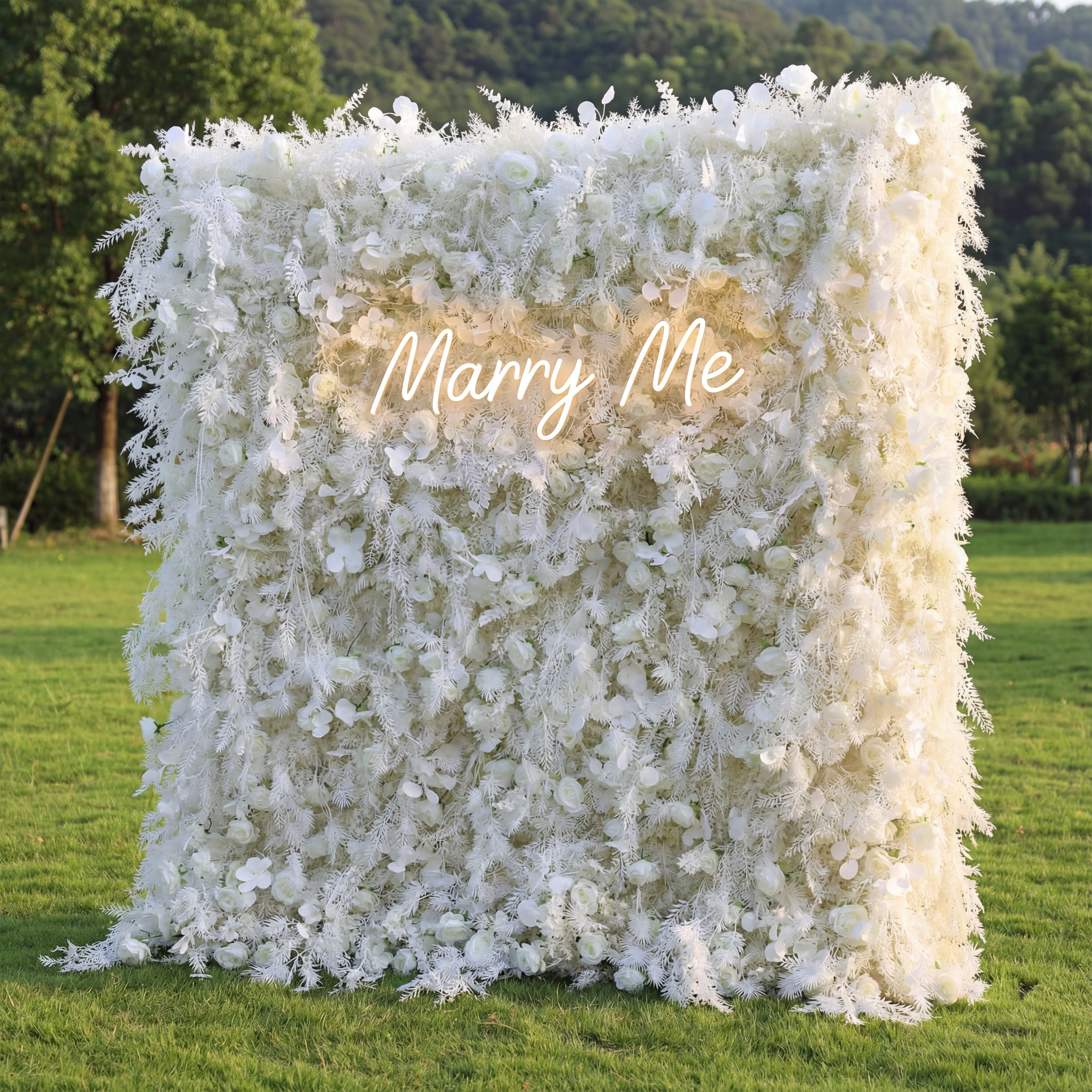Ethereal White Floral Wall with Feathered Fern Accents: An Oasis of Serenity for Premium Events-VF-202-2