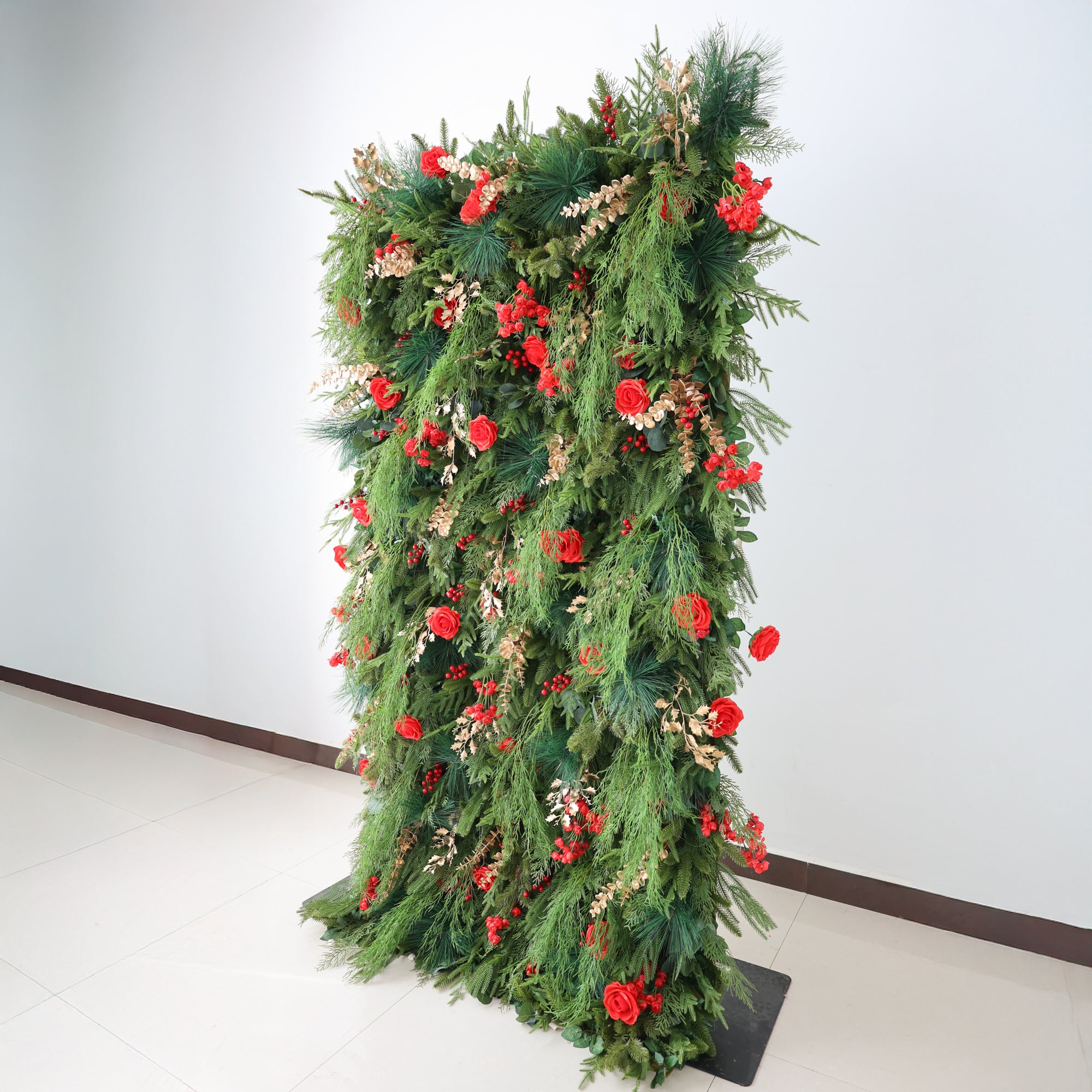 Valar Flower Christmas Themed Floral Wall Backdrop: Festive Evergreen & Red Rose Masterpiece for Holiday Events & Decor-VF-491-2