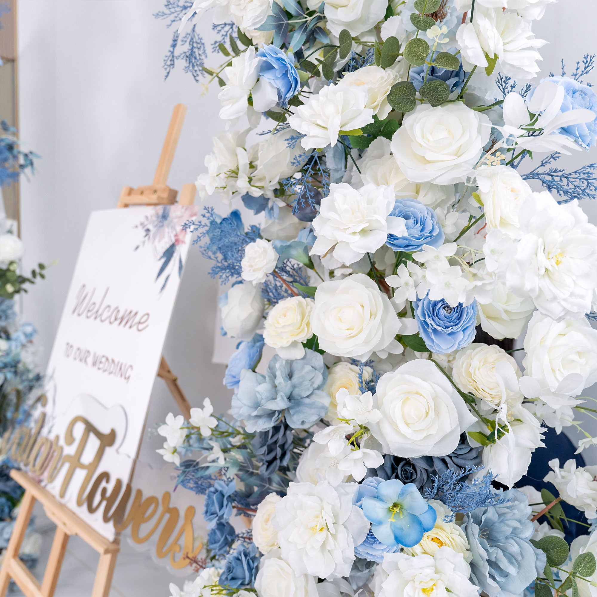 Light Blue Theme Elegant Moon Shape Wedding Ceremony Floral Horn Arch - Artificial Flower Arch for Weddings, Events, and Special Occasions VA-301