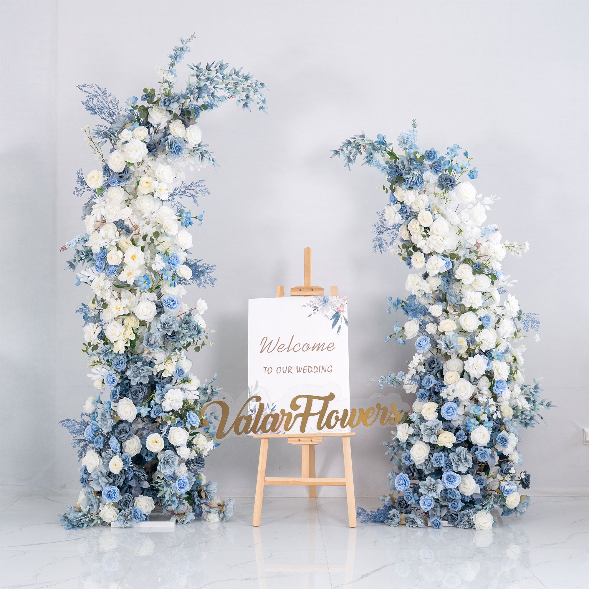 Light Blue Theme Elegant Moon Shape Wedding Ceremony Floral Horn Arch - Artificial Flower Arch for Weddings, Events, and Special Occasions VA-301