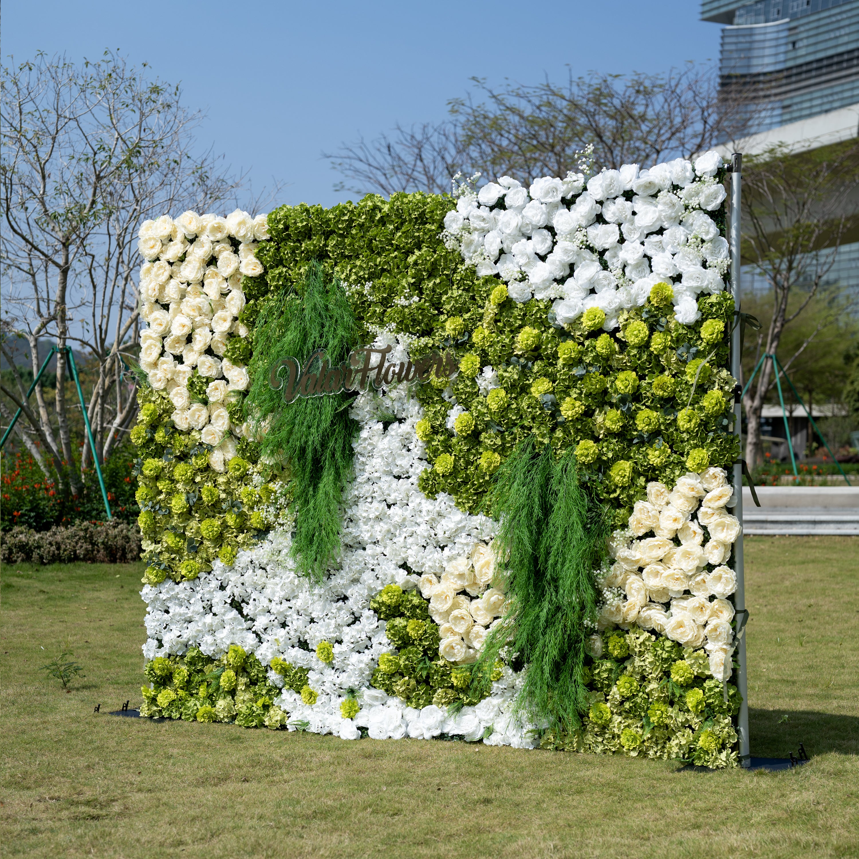 ValarFlower Lush Green & Crisp White Floral Extravaganza Wall: A Nature - Inspired, Serene Masterpiece for Elegant Celebrations VF-618