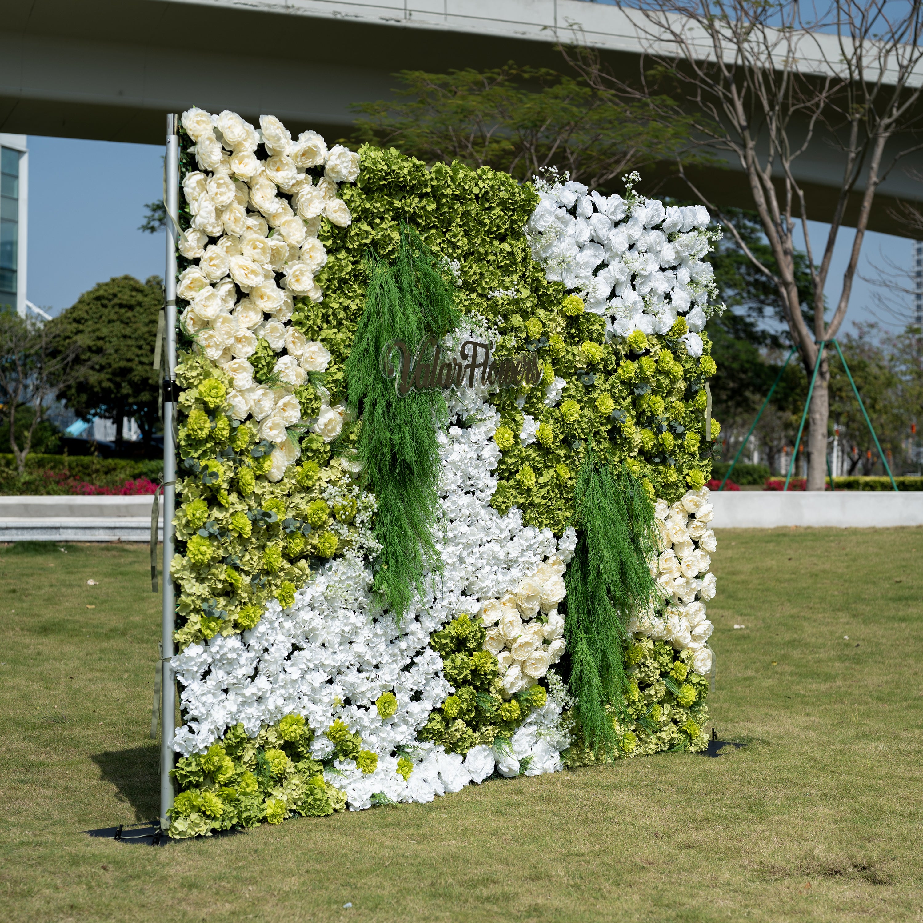 ValarFlower Lush Green & Crisp White Floral Extravaganza Wall: A Nature - Inspired, Serene Masterpiece for Elegant Celebrations VF-618