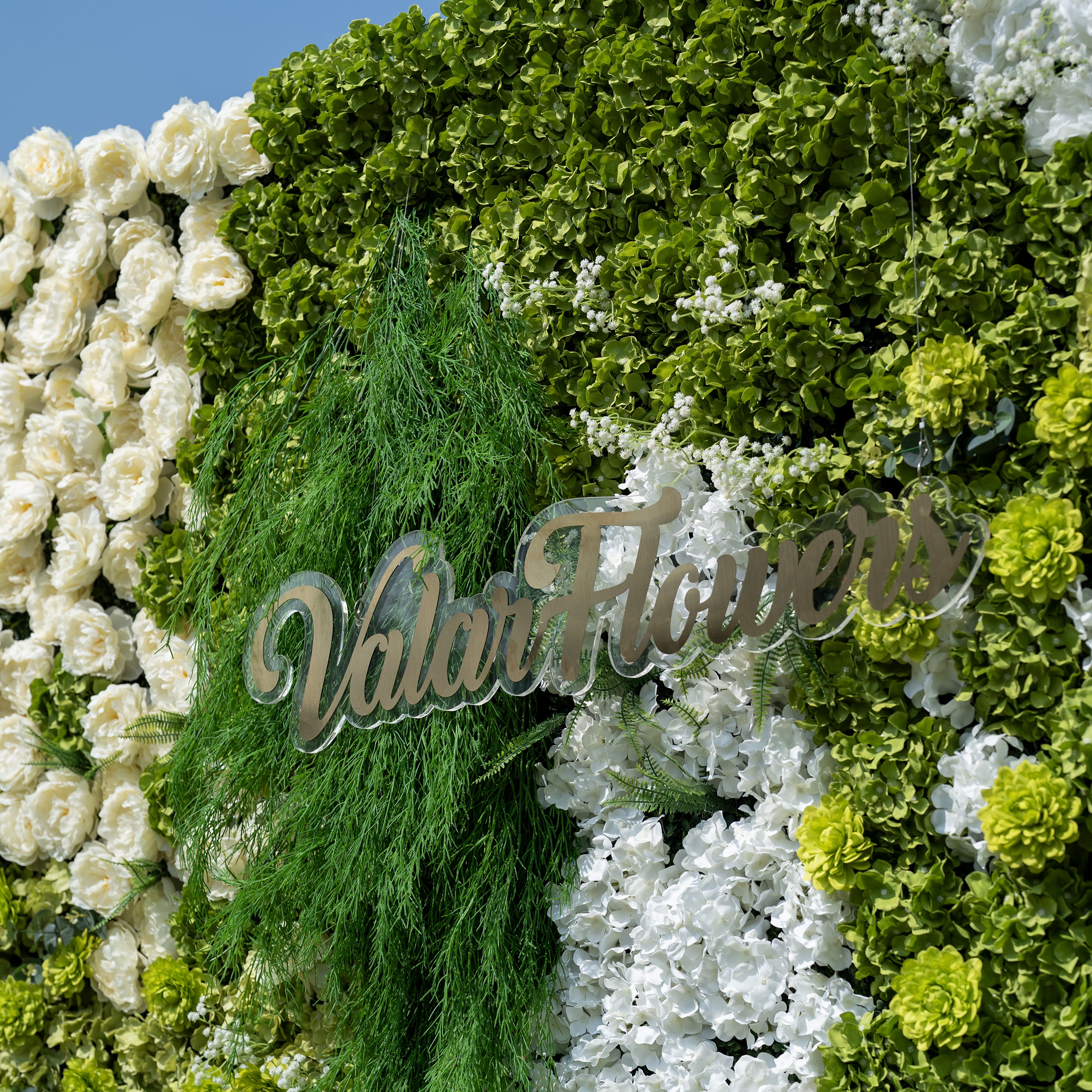 ValarFlower Lush Green & Crisp White Floral Extravaganza Wall: A Nature - Inspired, Serene Masterpiece for Elegant Celebrations VF-618