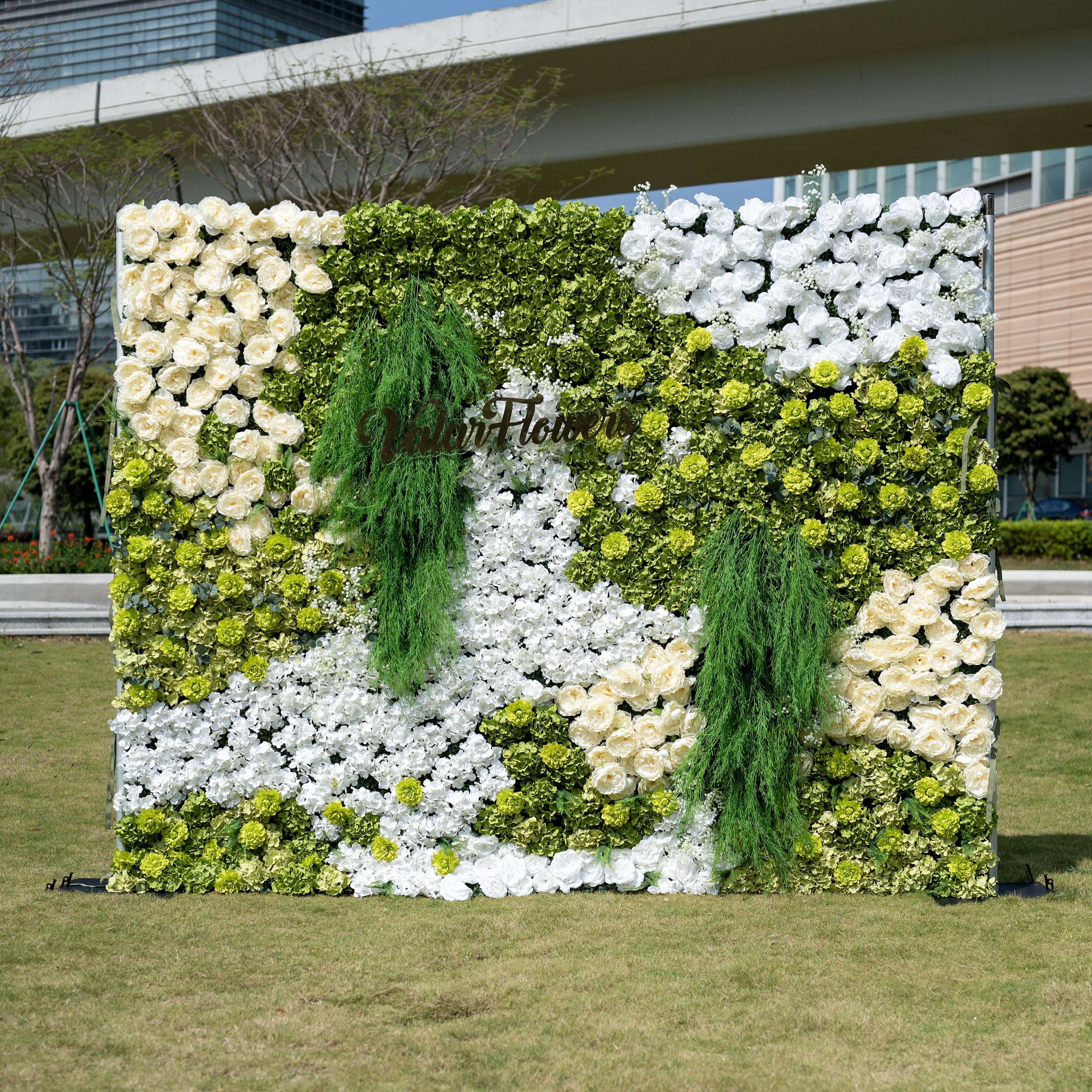 ValarFlower Lush Green & Crisp White Floral Extravaganza Wall: A Nature - Inspired, Serene Masterpiece for Elegant Celebrations VF-618