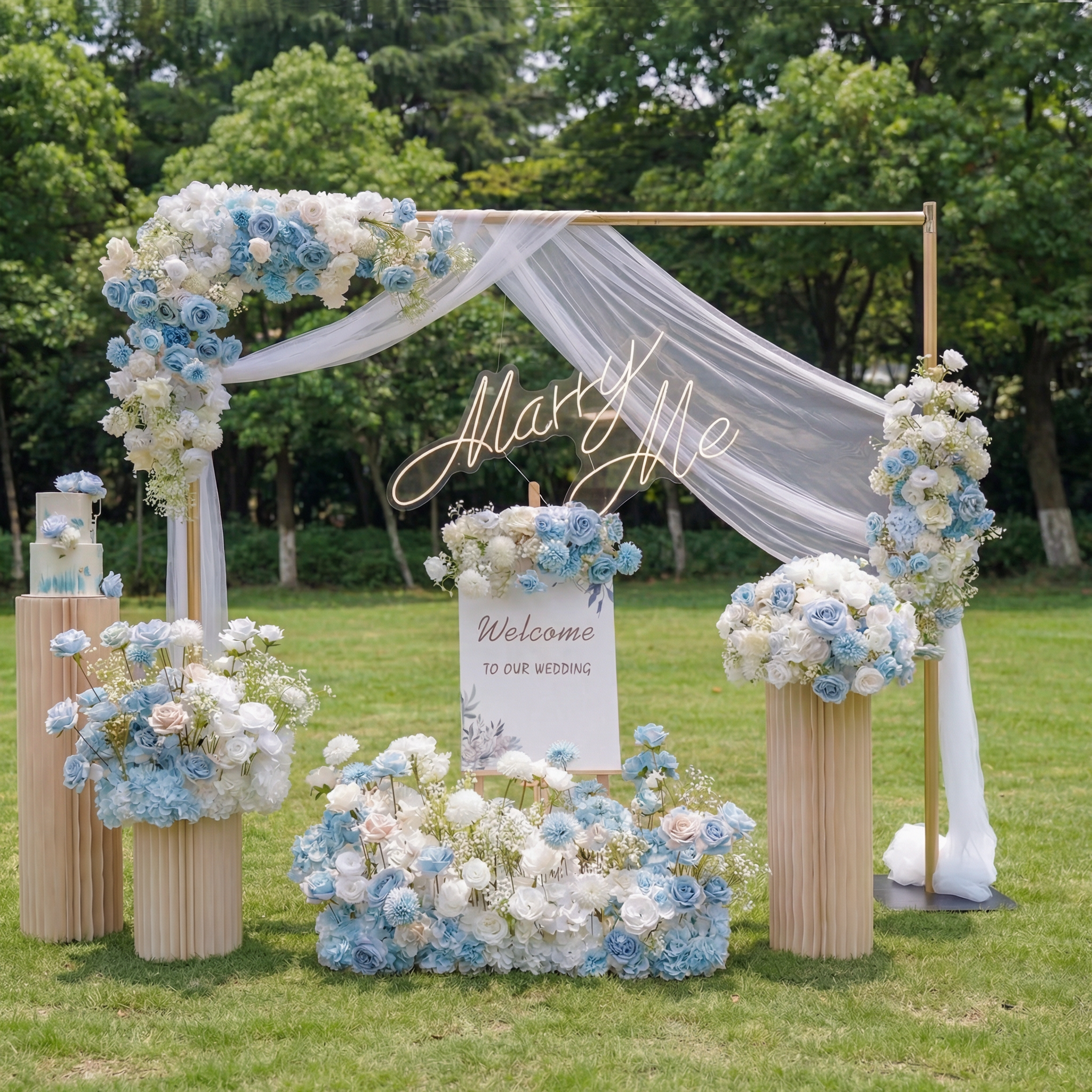 럭셔리 웨딩 꽃 장식 세트 – 인공 꽃 배경, 웰컴 사인 꽃 및 테이블 장식을 위한 우아한 웨딩 장식 VF-418-3