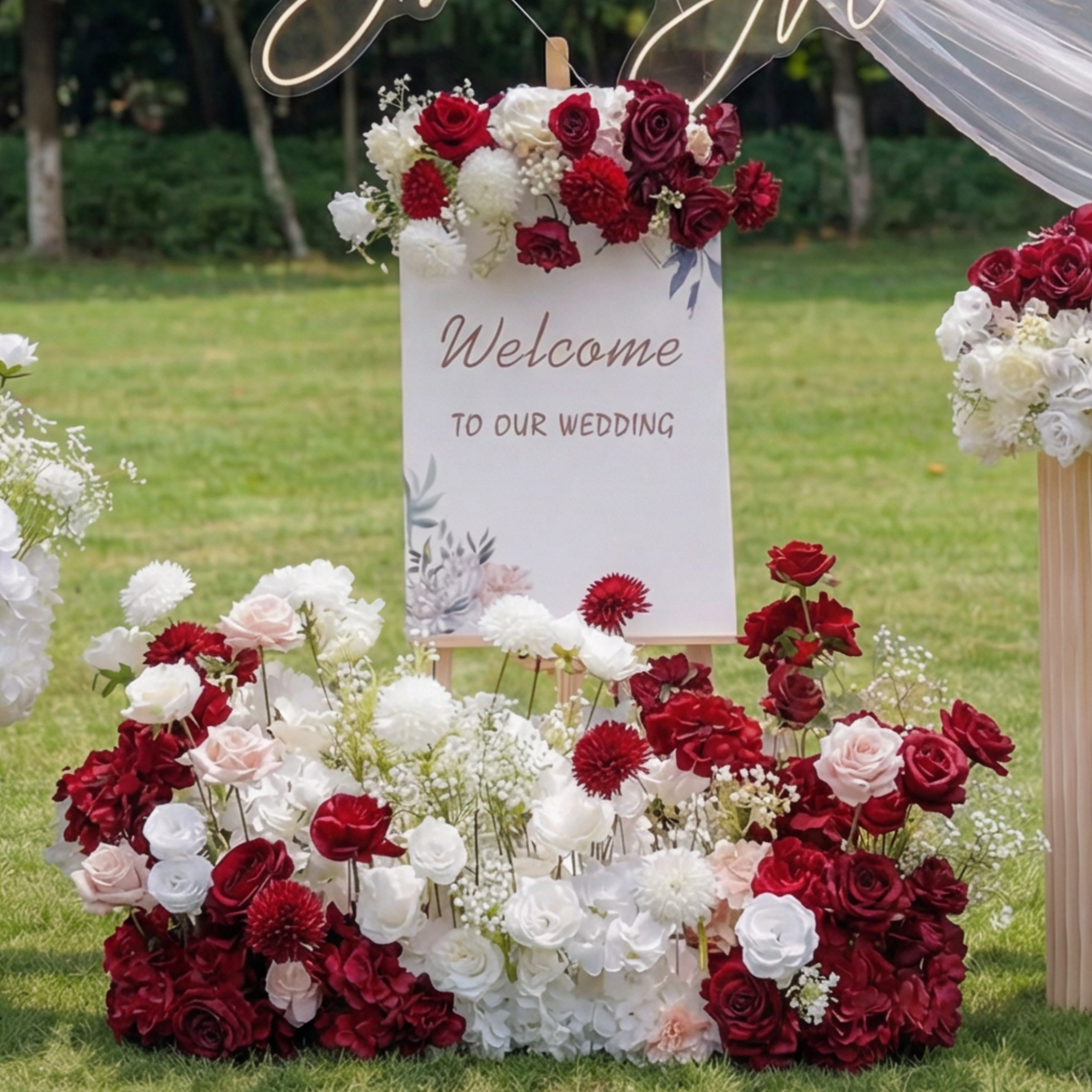 Conjunto de Arreglo Floral de Boda de Lujo – Fondo Floral Artificial, Flores para Cartel de Bienvenida y Decoraciones de Mesa para Decoración de Boda Elegante VF-418-3