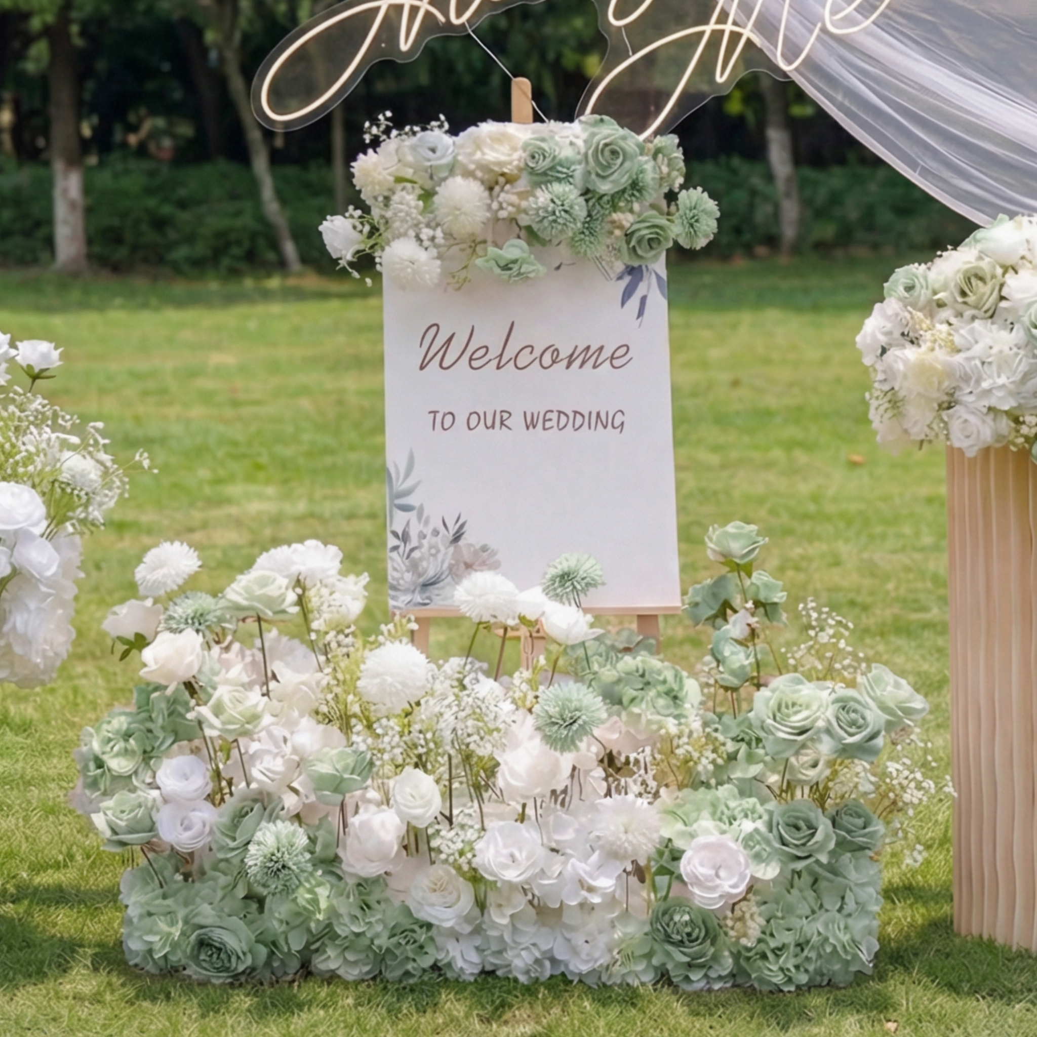 Conjunto de Arreglo Floral de Boda de Lujo – Fondo Floral Artificial, Flores para Cartel de Bienvenida y Decoraciones de Mesa para Decoración de Boda Elegante VF-418-3