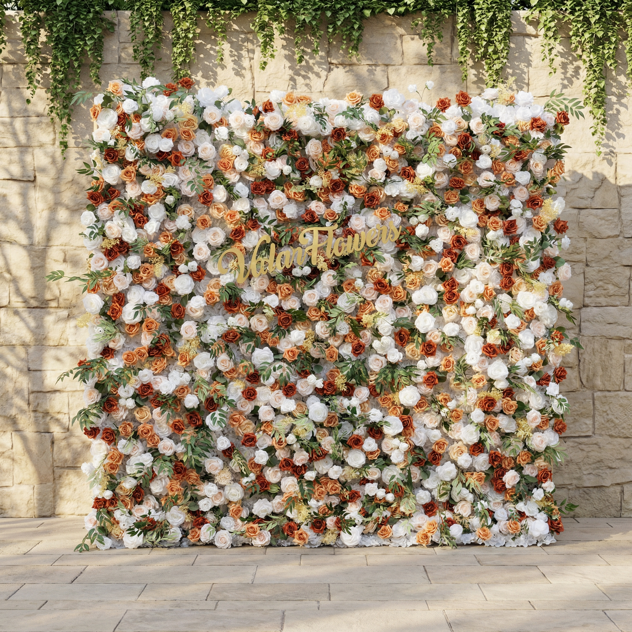 Valar Flower Ivory & Burnt Orange Rose Flower Wall Backdrop – Luxury Wedding Decor VF-831