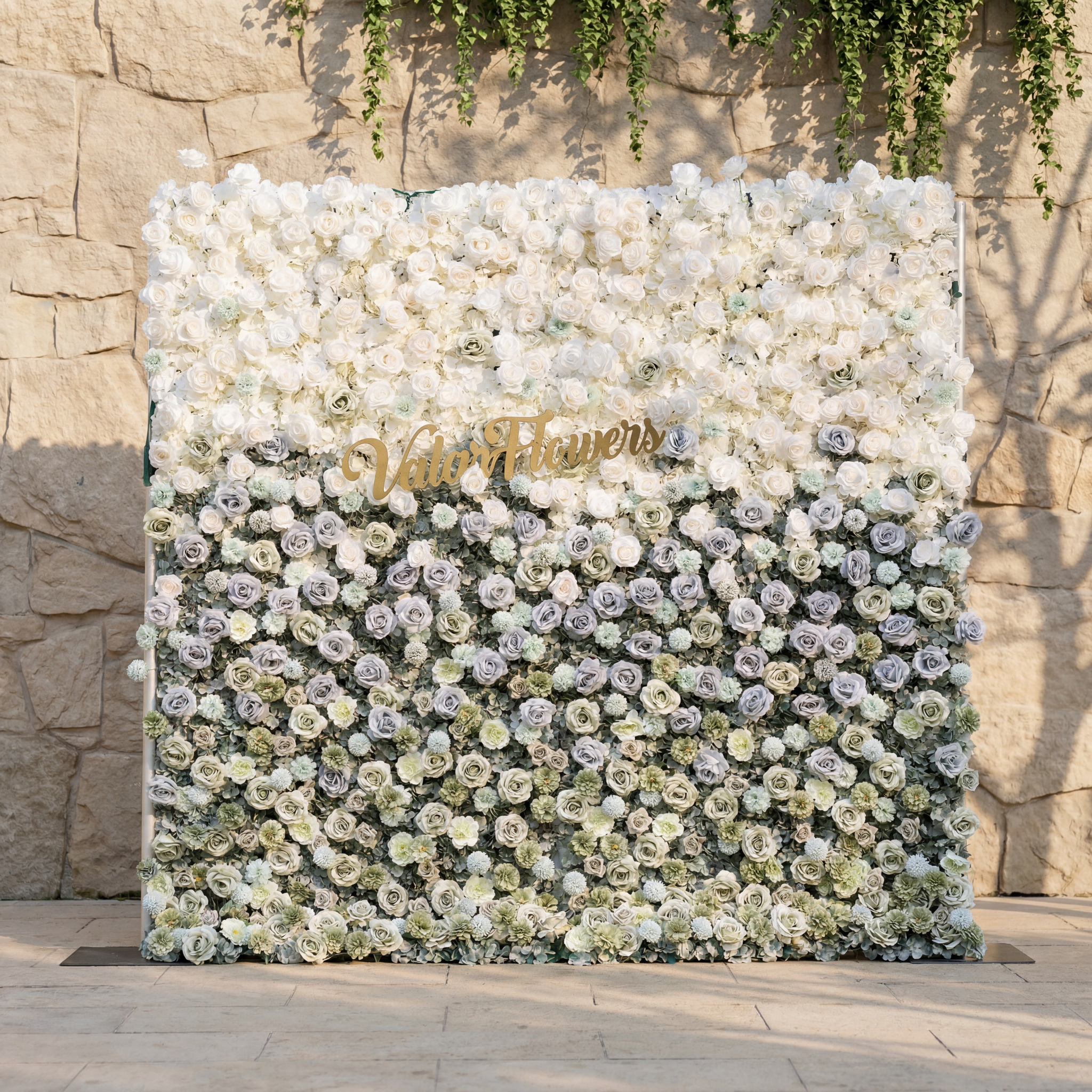 ValarFlower White & Green Gradient Flower Wall – Elegant Wedding Backdrop, Luxury Floral Photo Booth Background for Ceremony & Reception VF-833