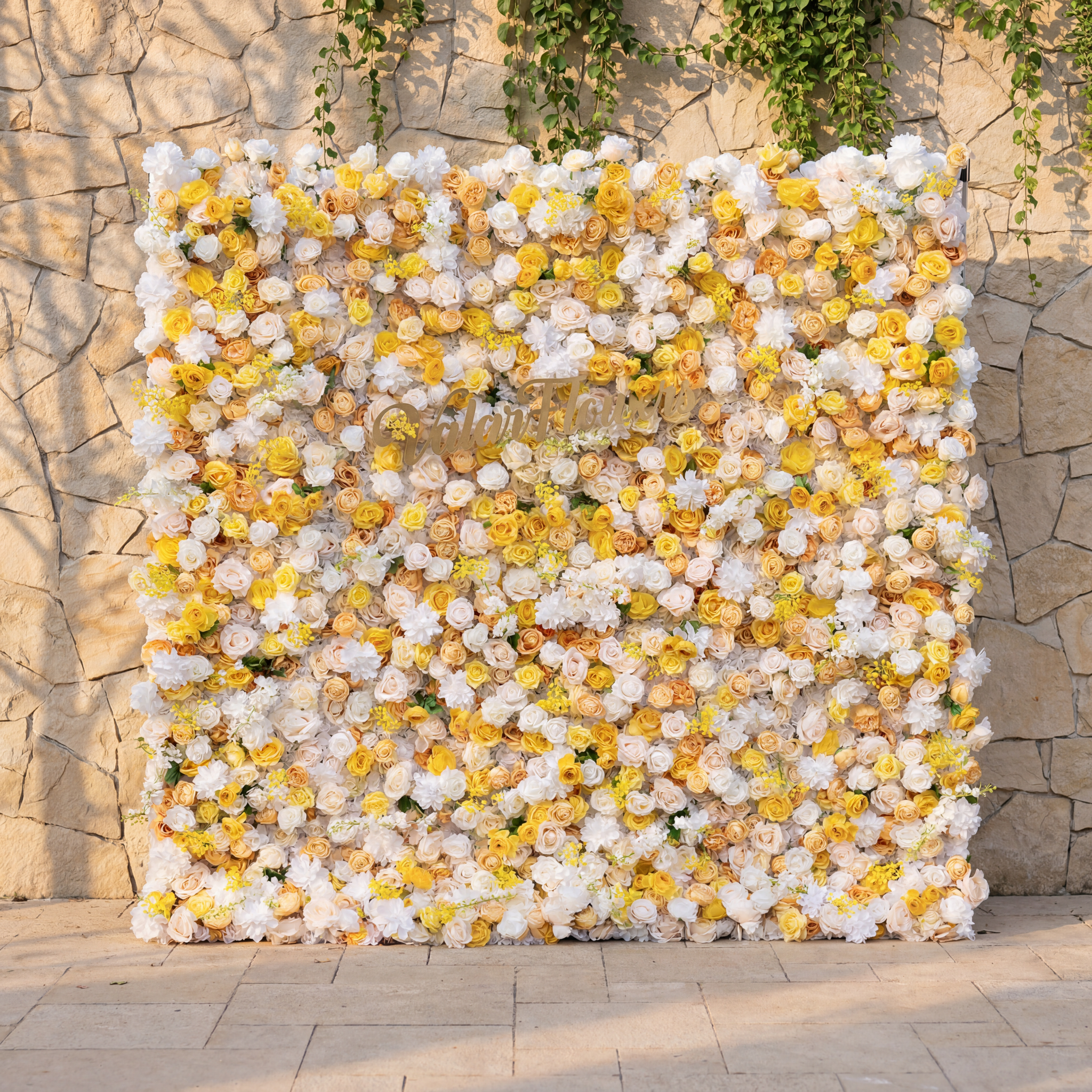 ValarFlower Yellow & Ivory Flower Wall – Sunny Wedding Backdrop, Romantic Floral Photo Booth for Outdoor Ceremony VF-834