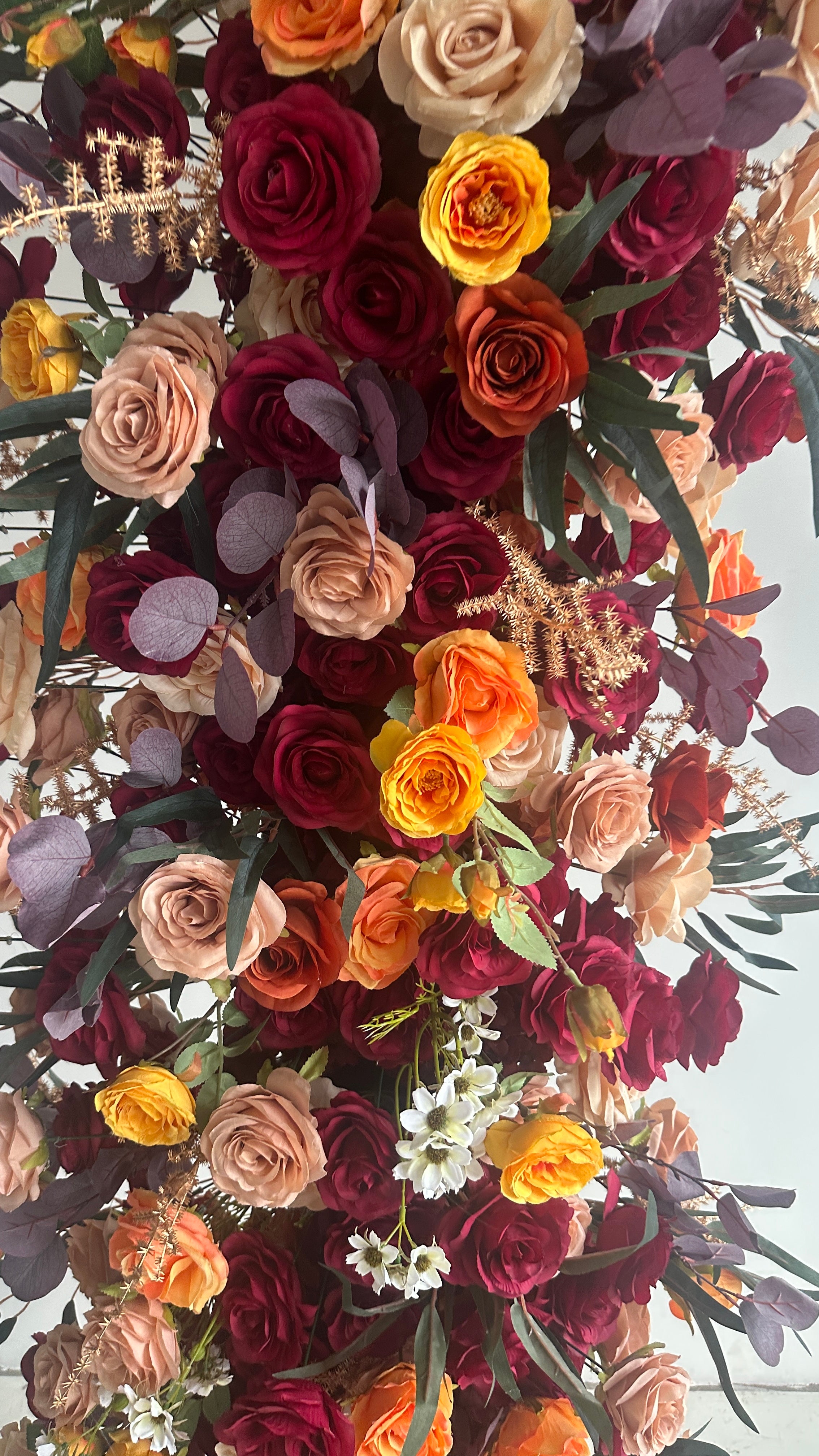 ValarFlower Luxury Artificial Wedding Arch, Burgundy & Orange Faux Flower Ceremony Backdrop, Romantic Outdoor Garden Wedding Decor, Floral Entrance Installation VA-412